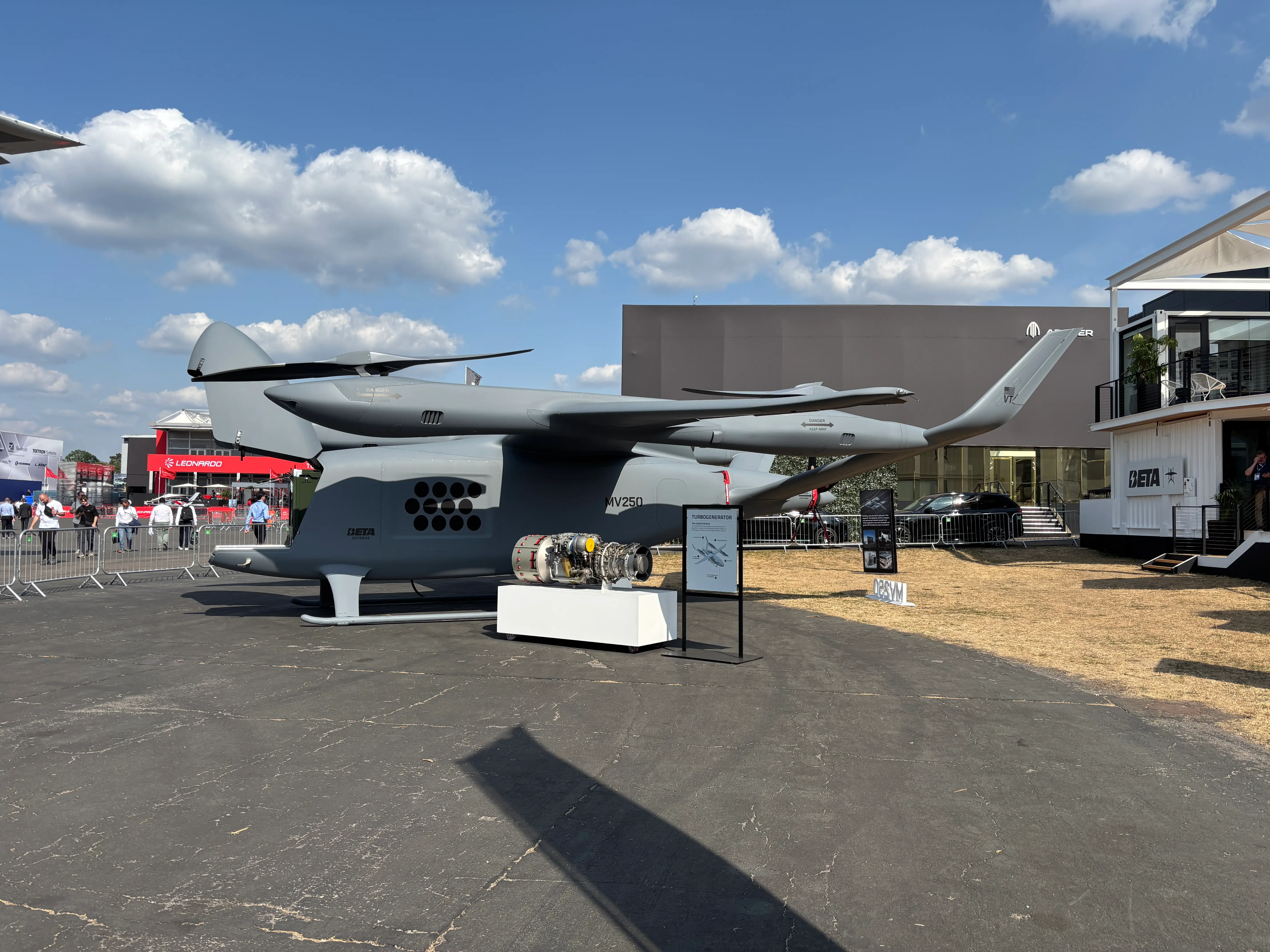 A side view of Beta Technologies' MV250 autonomous aircraft on display at the 2026 Farnborough Airshow