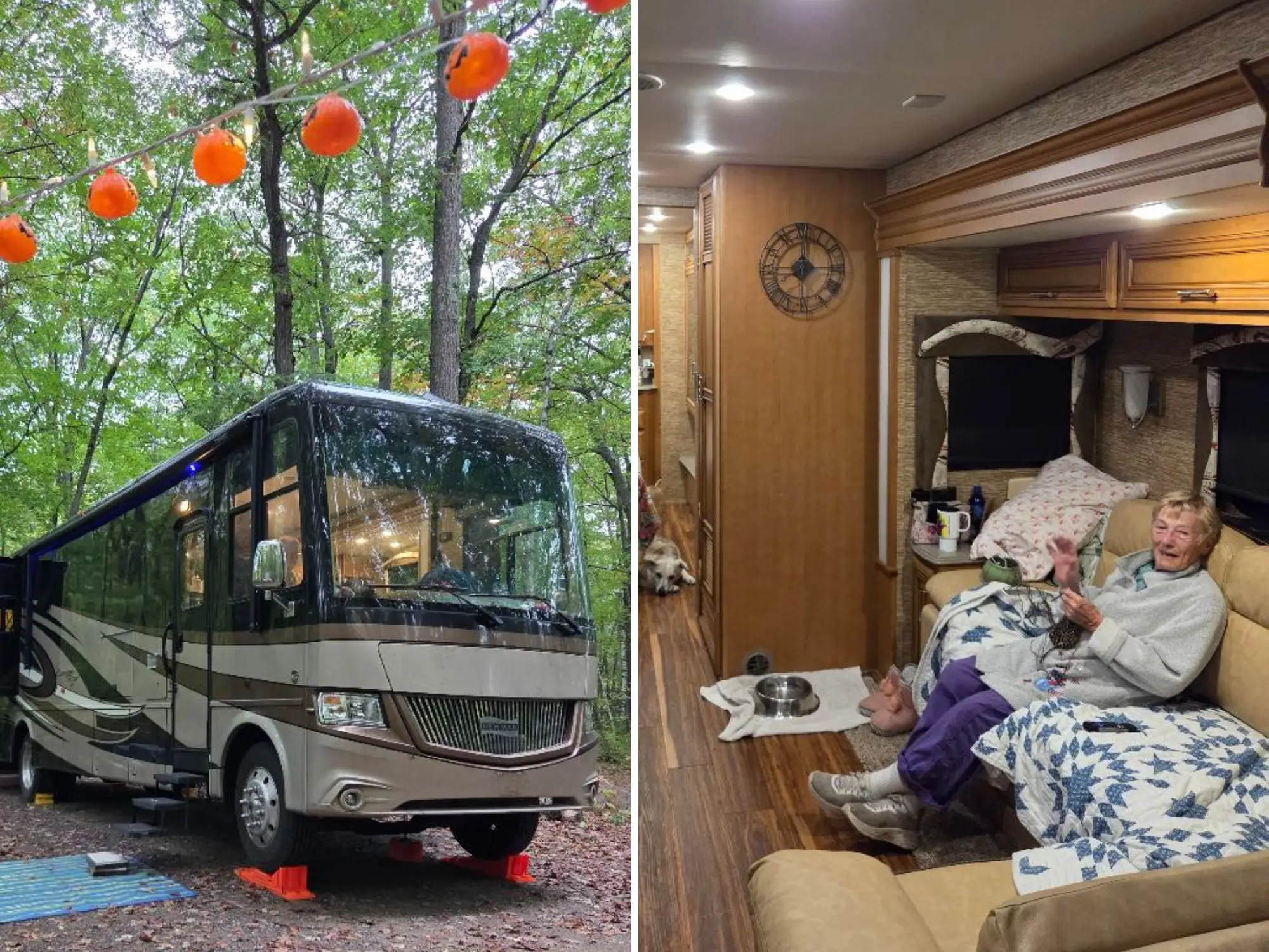 A side-by-side image of a parked RV and an image of the writer's mom crocheting inside the RV.