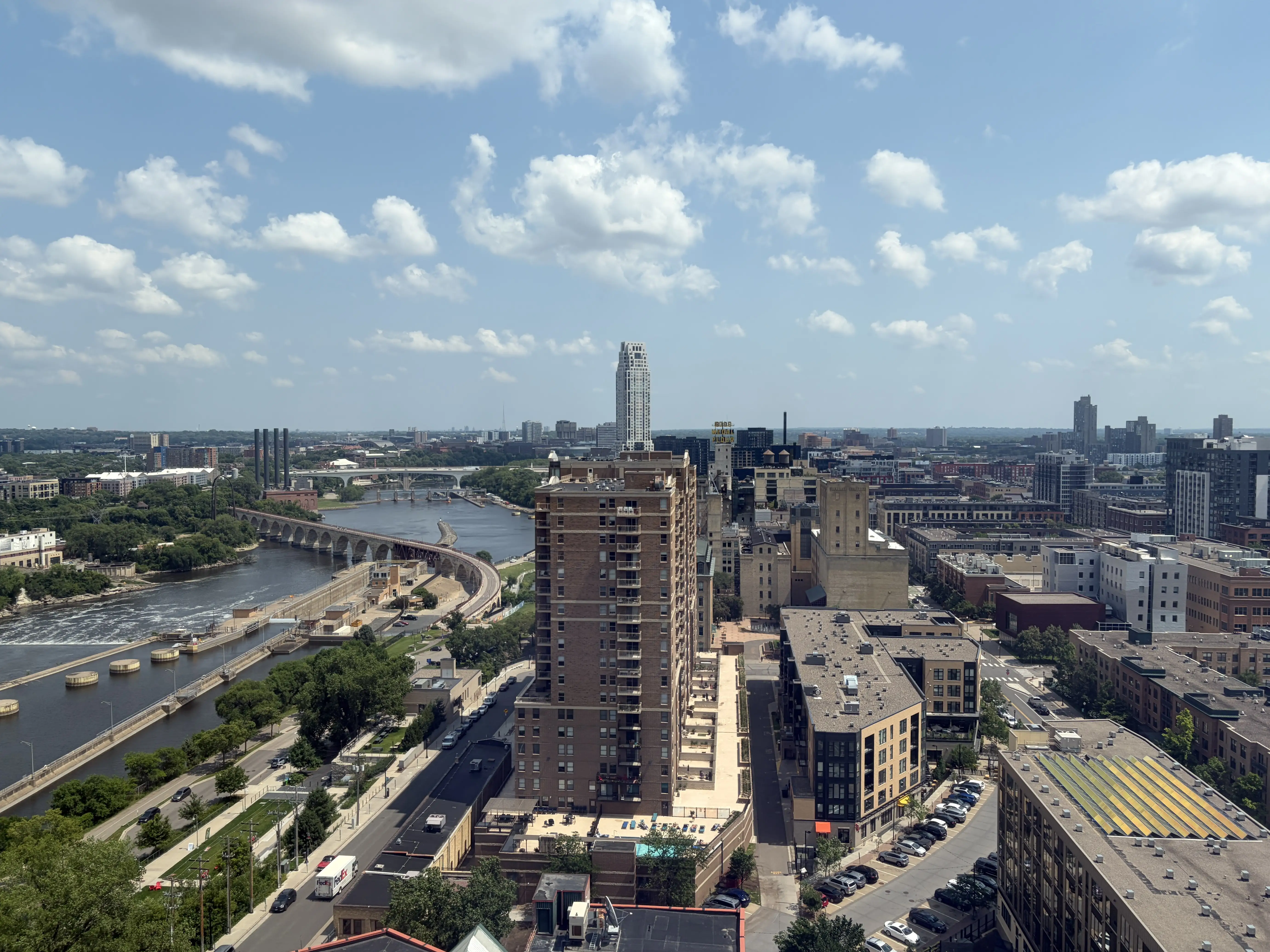 View of city skyline in Minneapolis from window