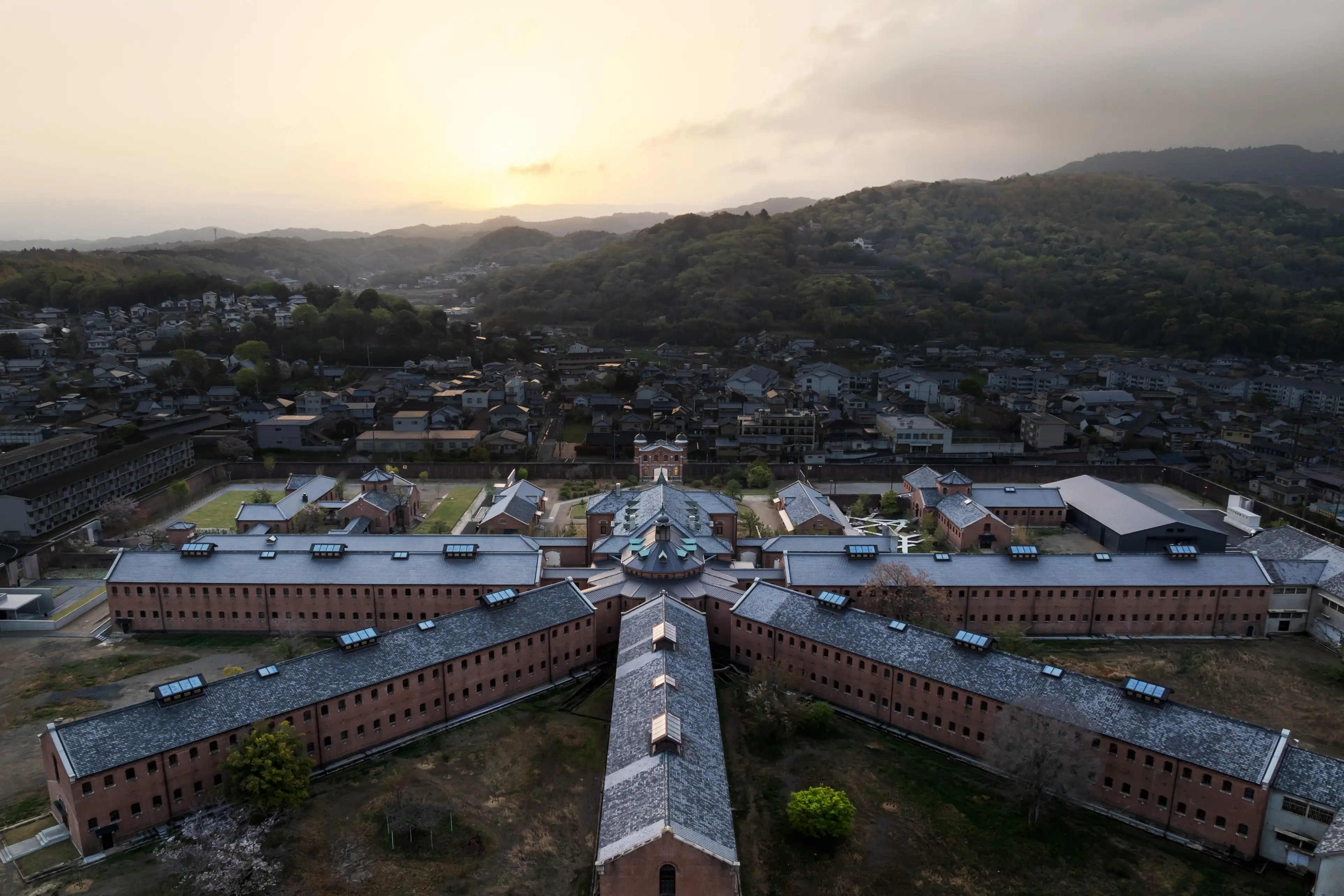 An aerial view of the Hoshinoya Prison Hotel in Nara, Japan.