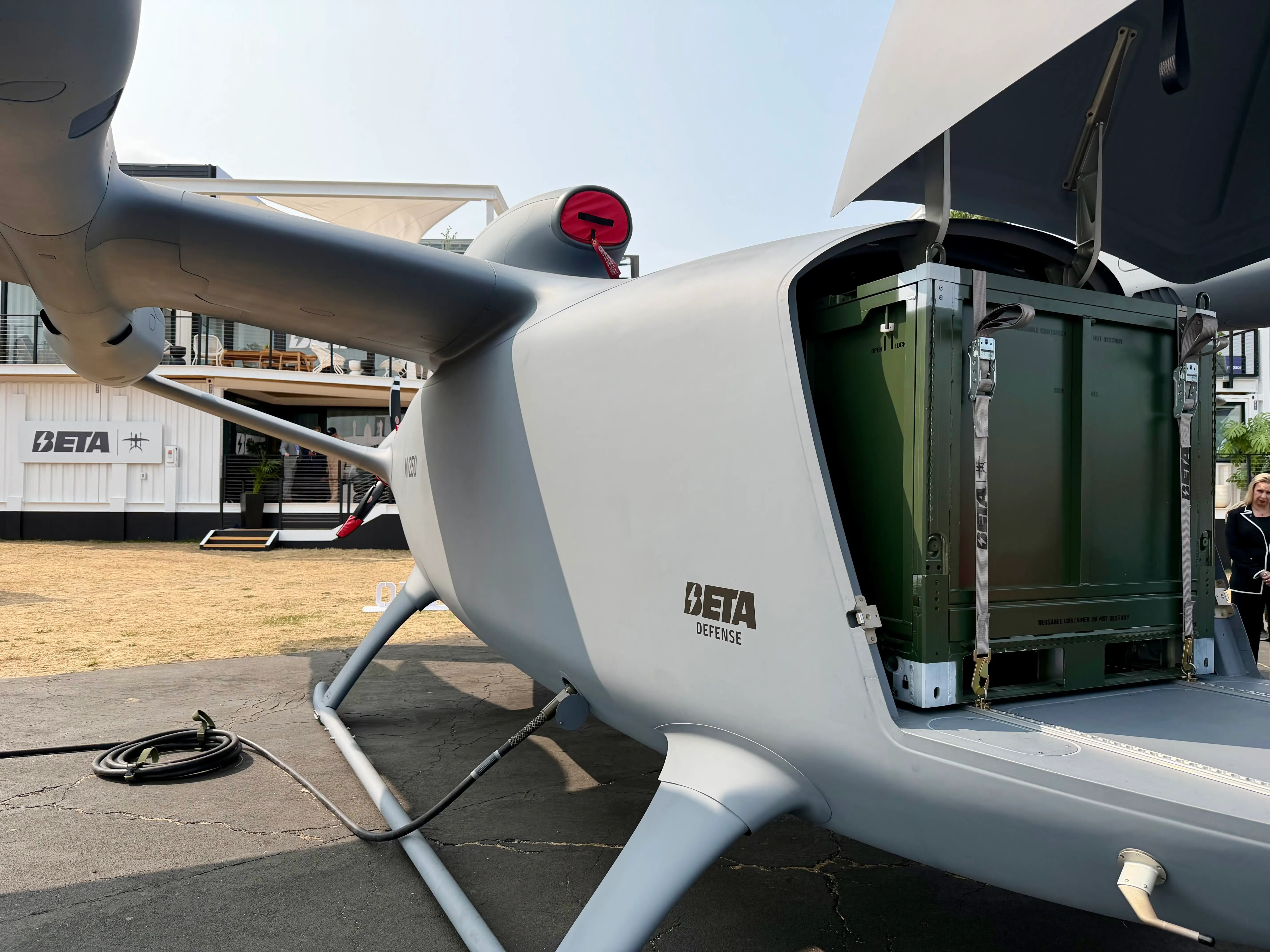 A close up of the cargo payload inside the nose of a Beta Technologies MV250 on display at the Farnborough Airshow 2026