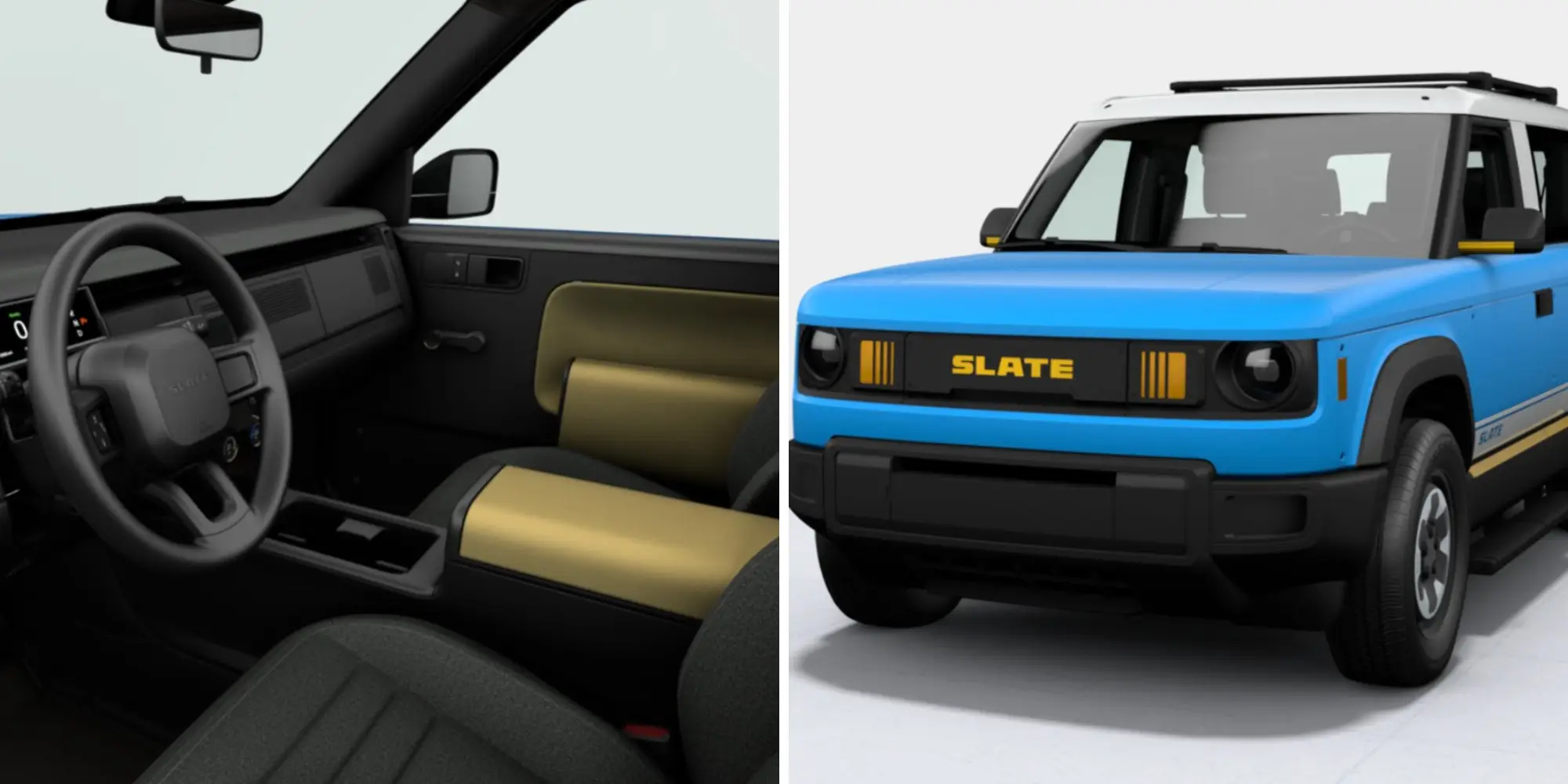 On the left: the interior of a Slate truck with options. On the right: the exterior of a blue-wrapped slate truck with options.