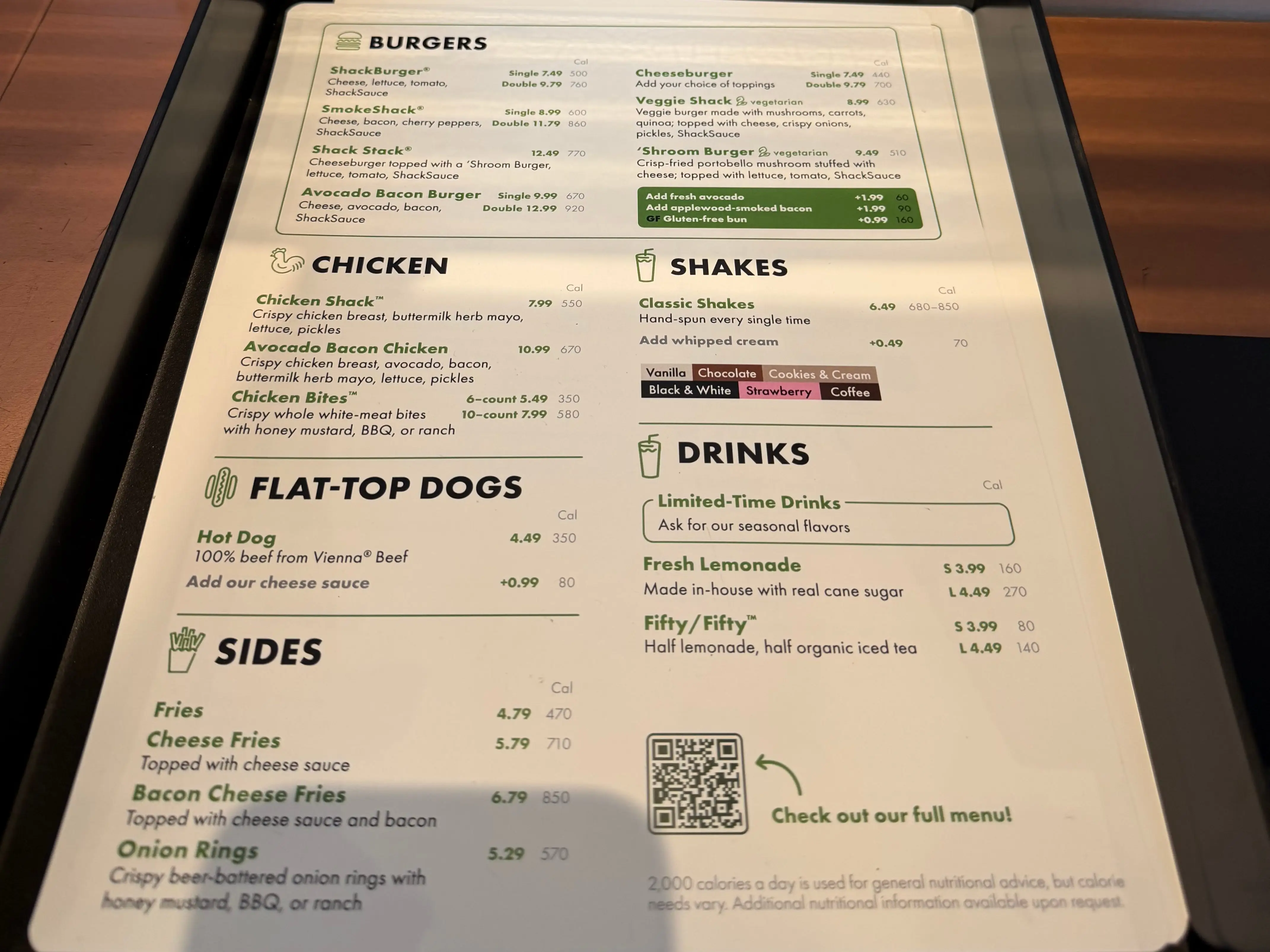 Printed out menu for Shake Shack