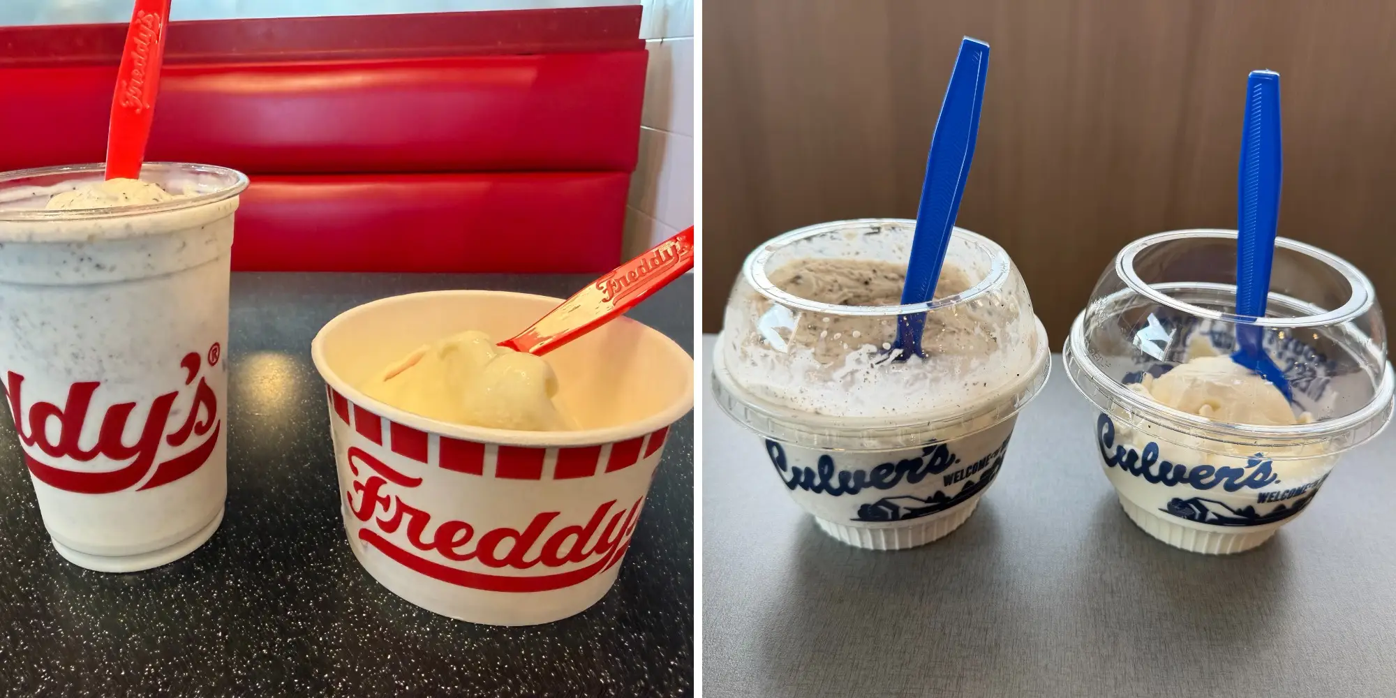 Composite of Freddy's concrete and custard next to image of Culver's concrete and custard