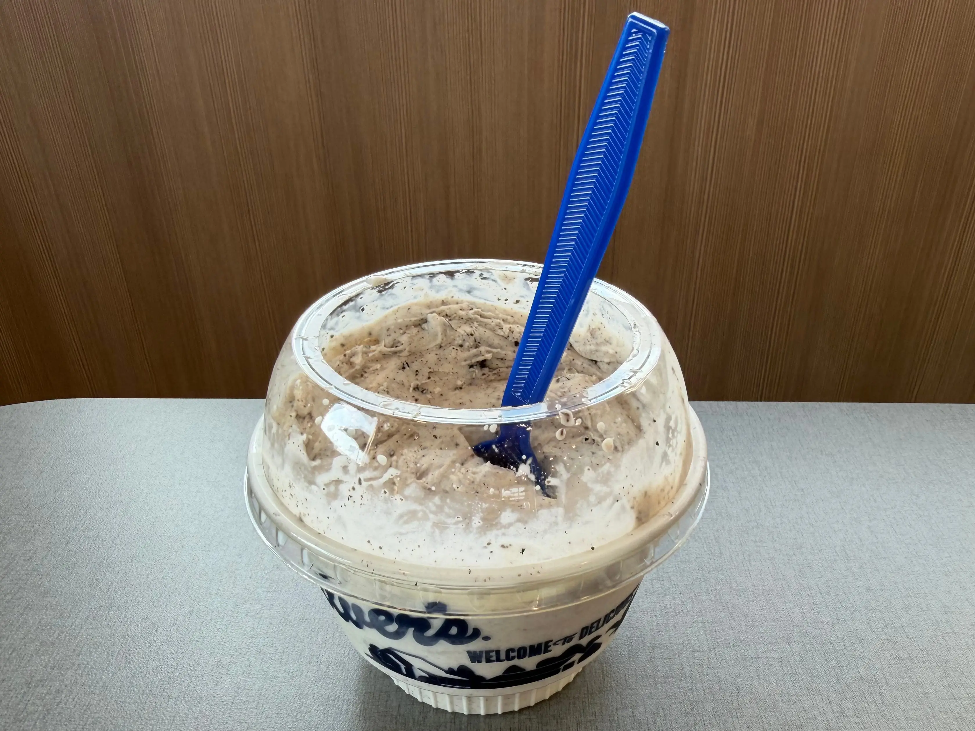 Culver's Oreo Concrete Mixer with spoon in it