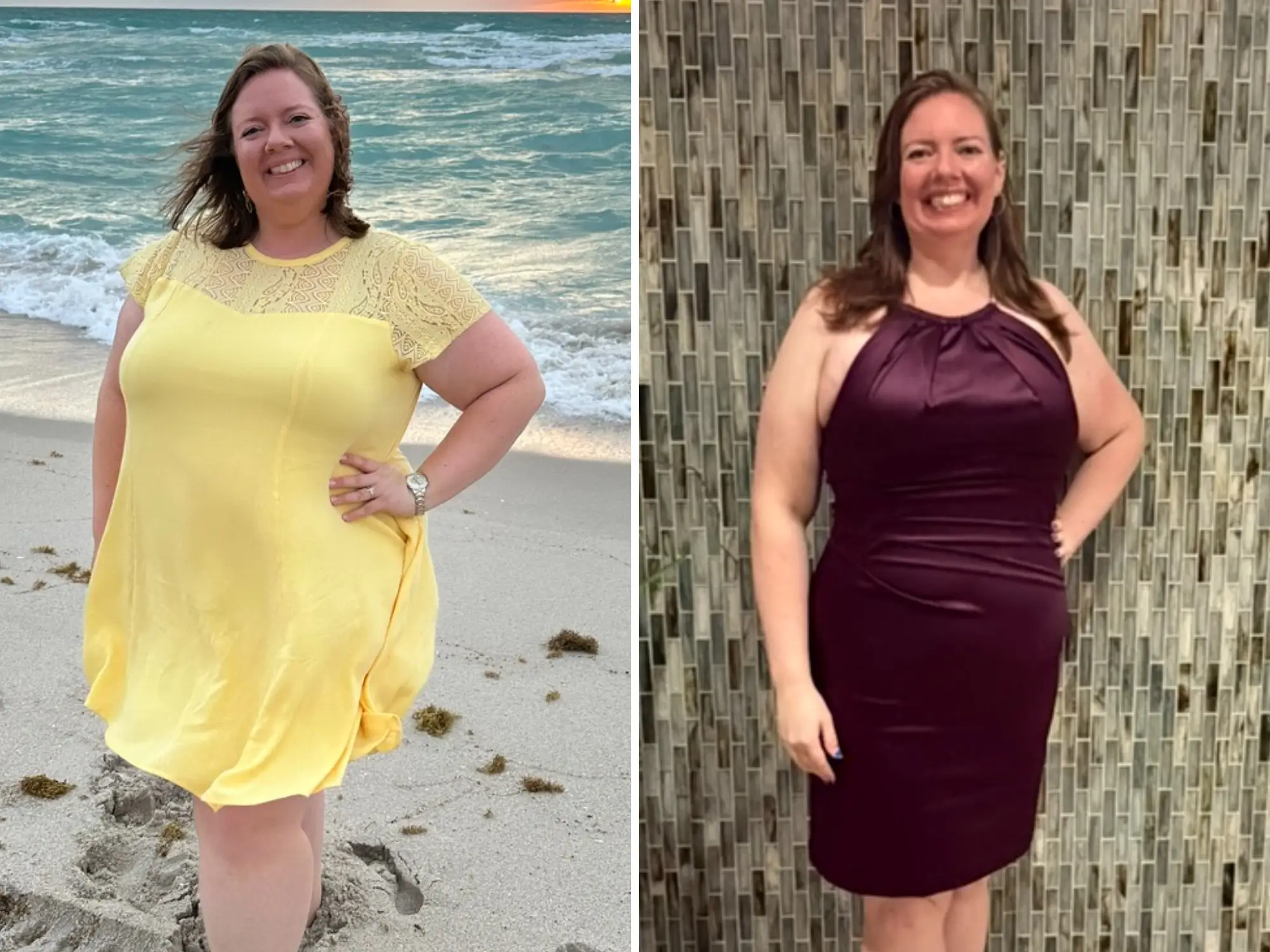 A woman pictured before and after losing 140 pounds.