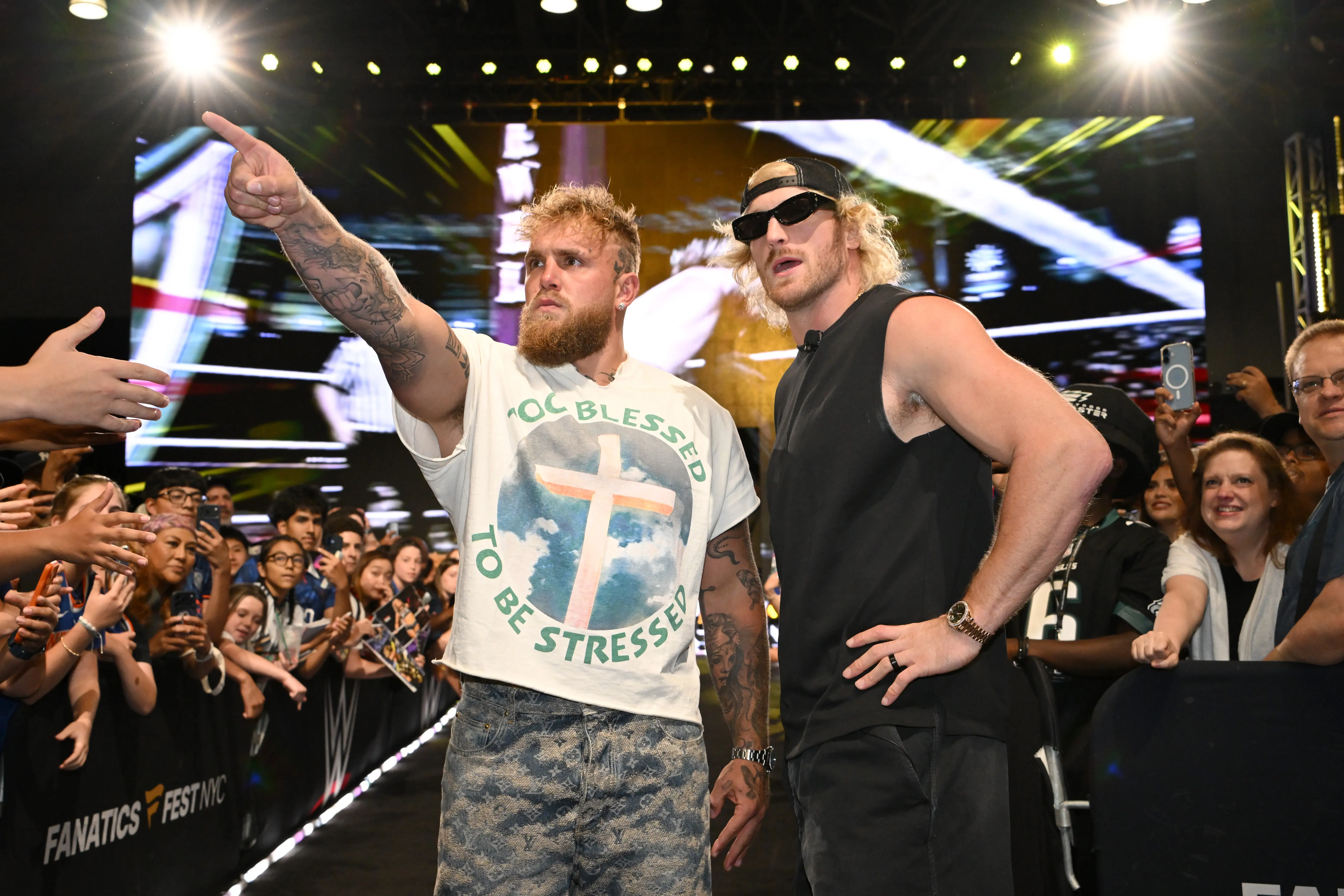 NEW YORK, NEW YORK - JULY 17: (L-R) Jake Paul and Logan Paul attend Fanatics Fest NYC 2026 at Jacob Javits Center on July 17, 2026 in New York City. (Photo by Bryan Bedder/Getty Images for Fanatics)