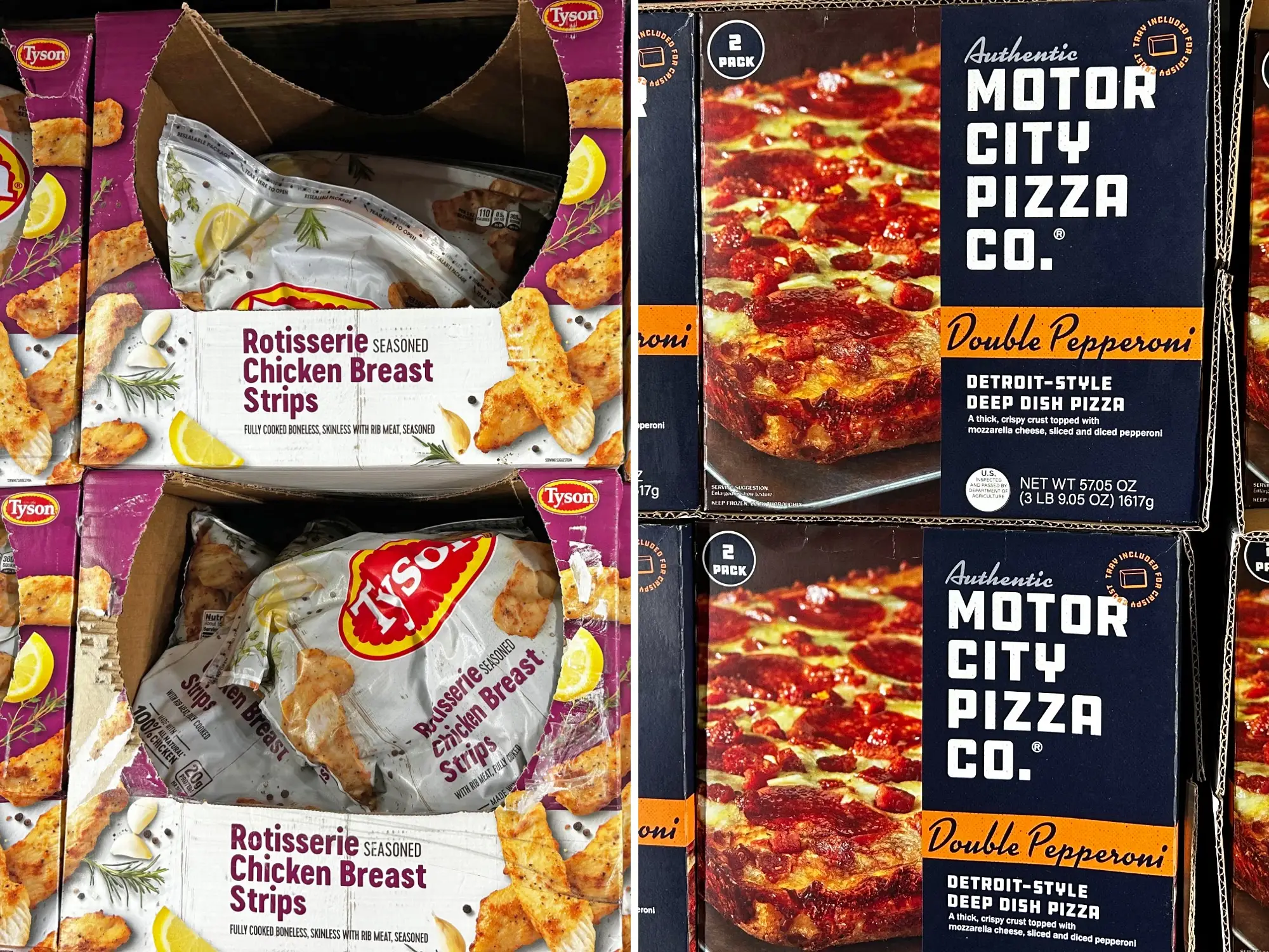 A composite image of bags of Tyson rotisserie chicken breast strips and boxes of Motor City Pizza Co. pepperoni pizza.