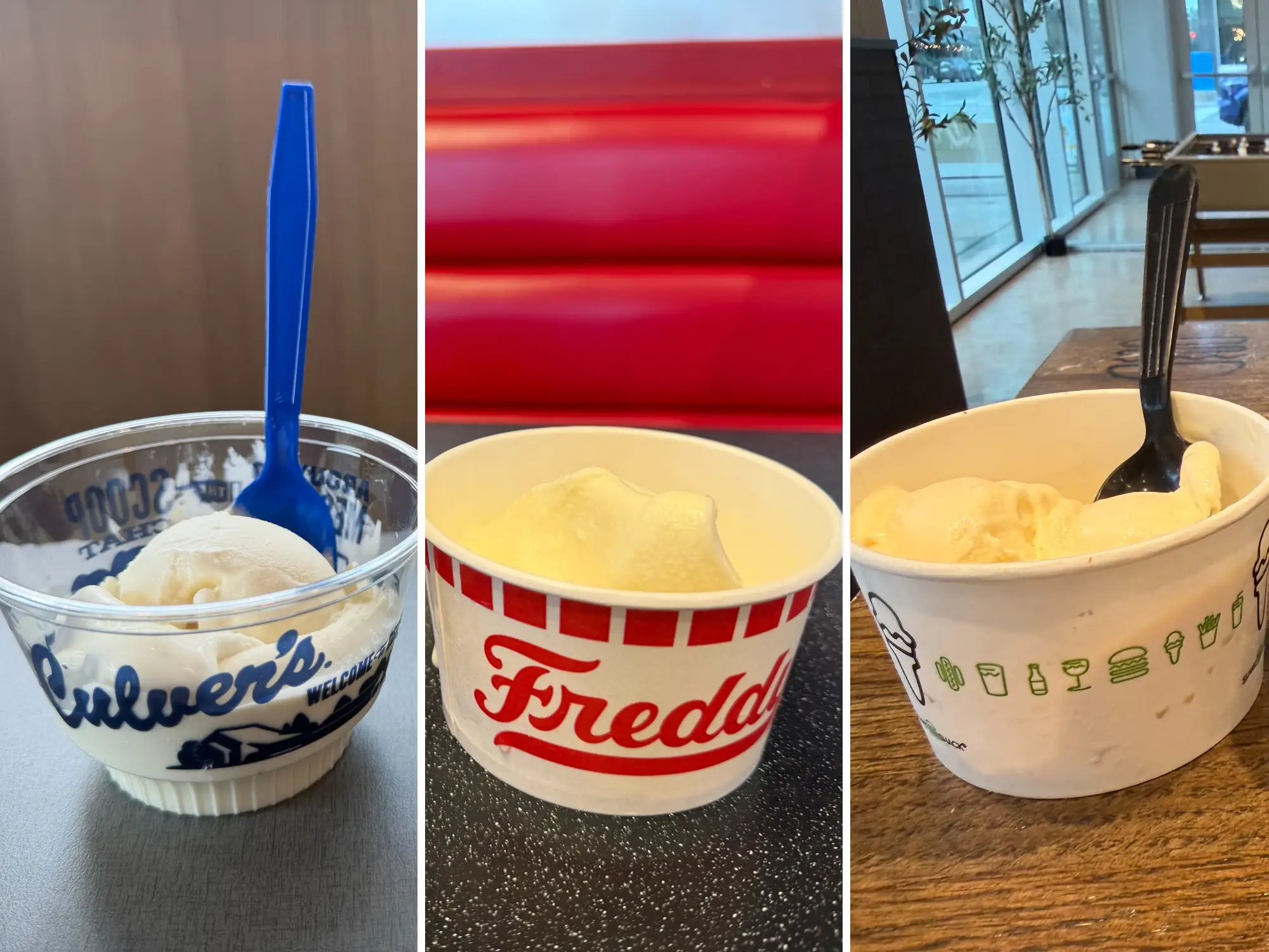 Composite of photos of Culver's vanilla custard, Freddy's vanilla custard, and Shake Shack vanilla custard