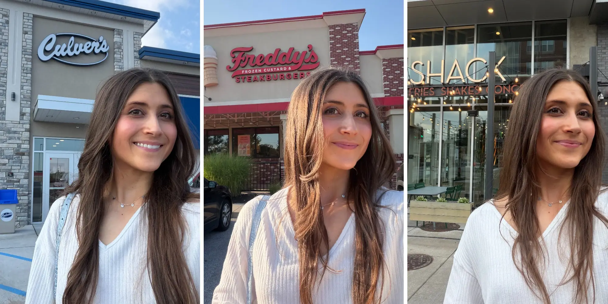 Composite of woman smiling in front of Culver's, Freddy's, and Shake Shack