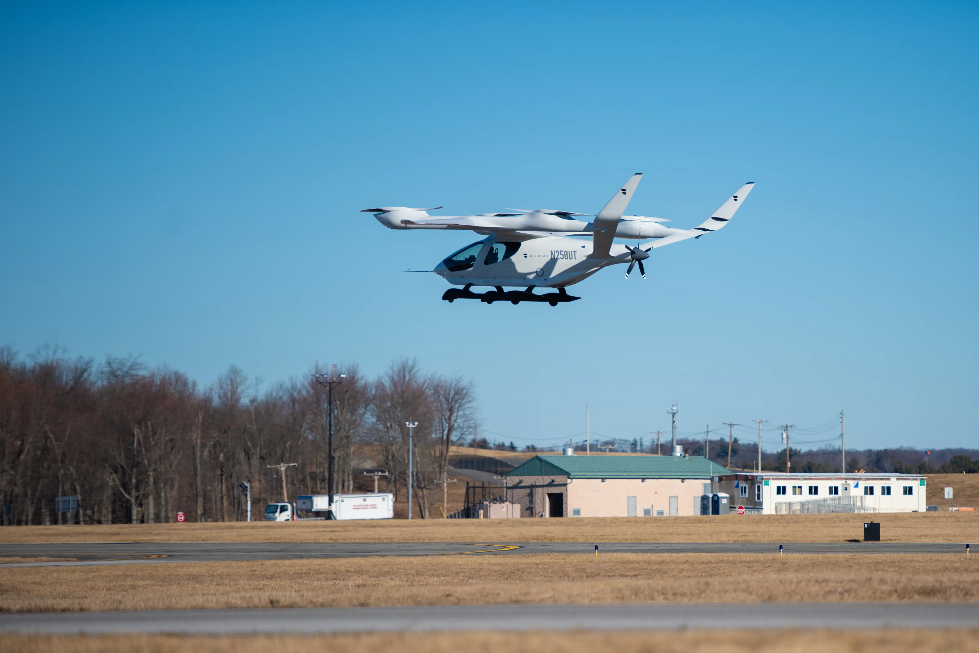 The BETA ALIA-250 EVA electric vertical take-off and landing (eVTOL) aircraft during a test flight at the Westchester County Airport (HPN) in West Harrison, New York, US, on Tuesday, Feb. 14, 2023