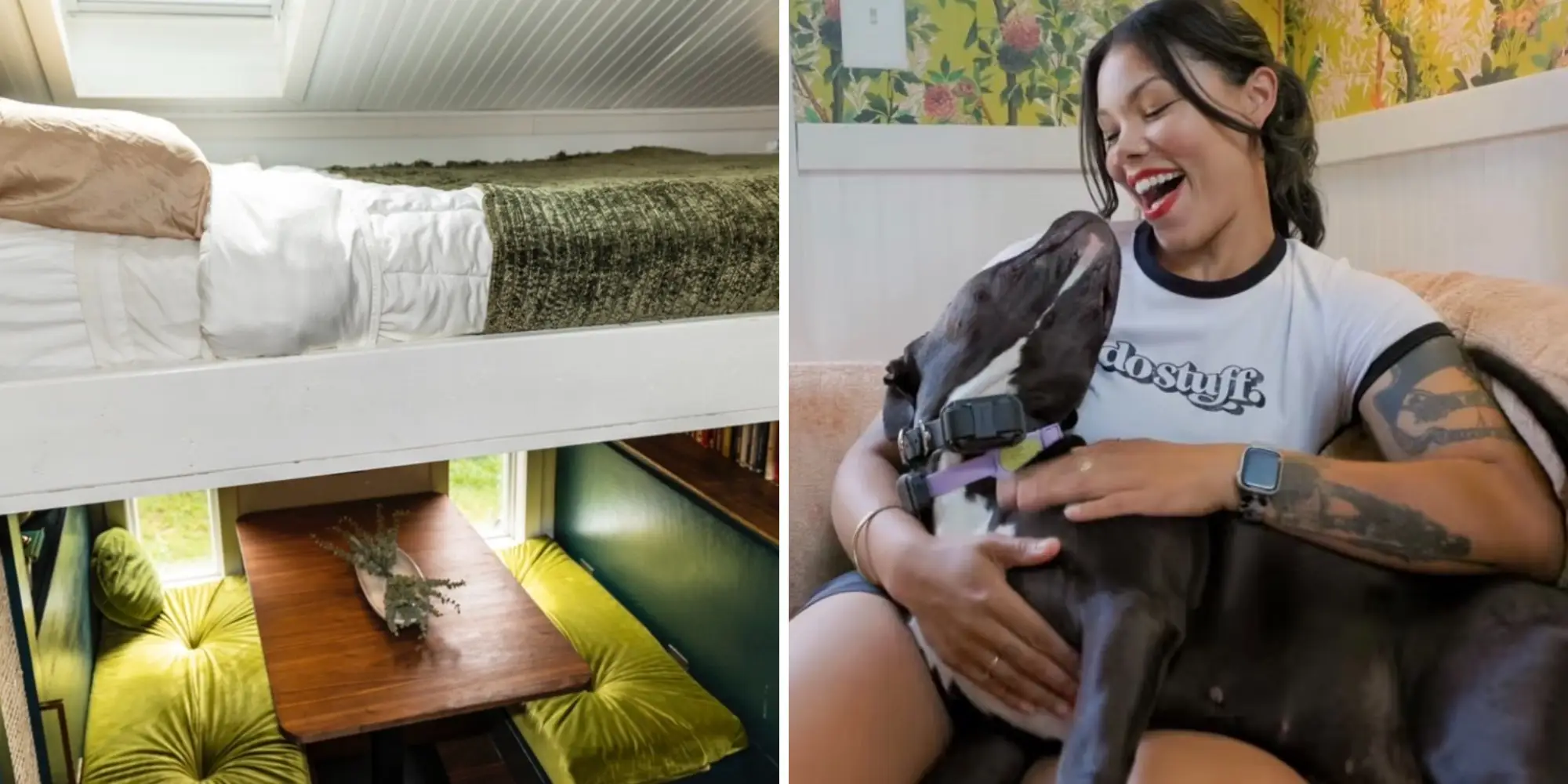 Split view shows a loft bed over a dining nook and a Margo Fairchild cuddling a dog on a sofa.