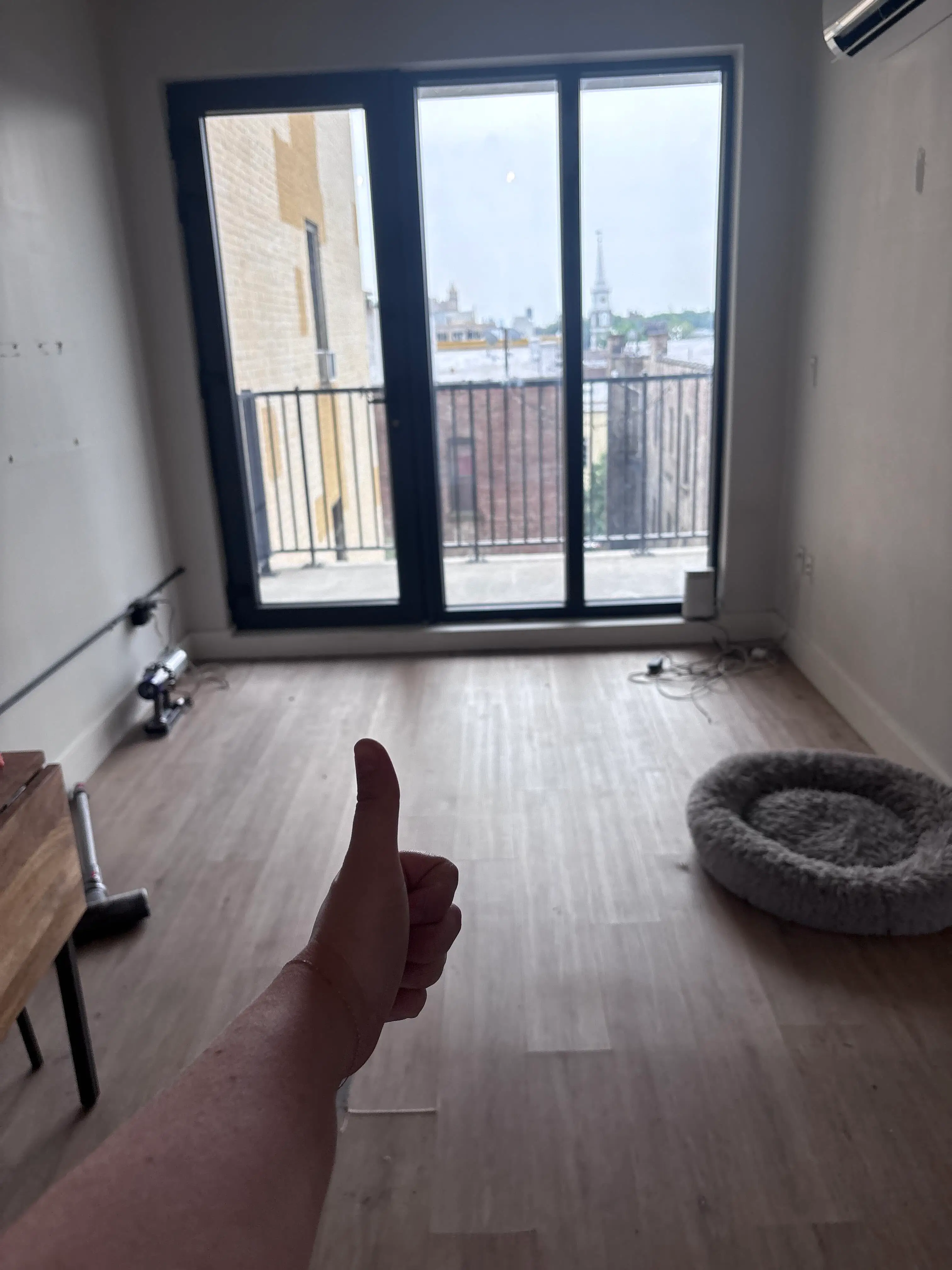 A hand gives a thumbs-up in a sparsely furnished room with balcony doors and a gray pet bed.