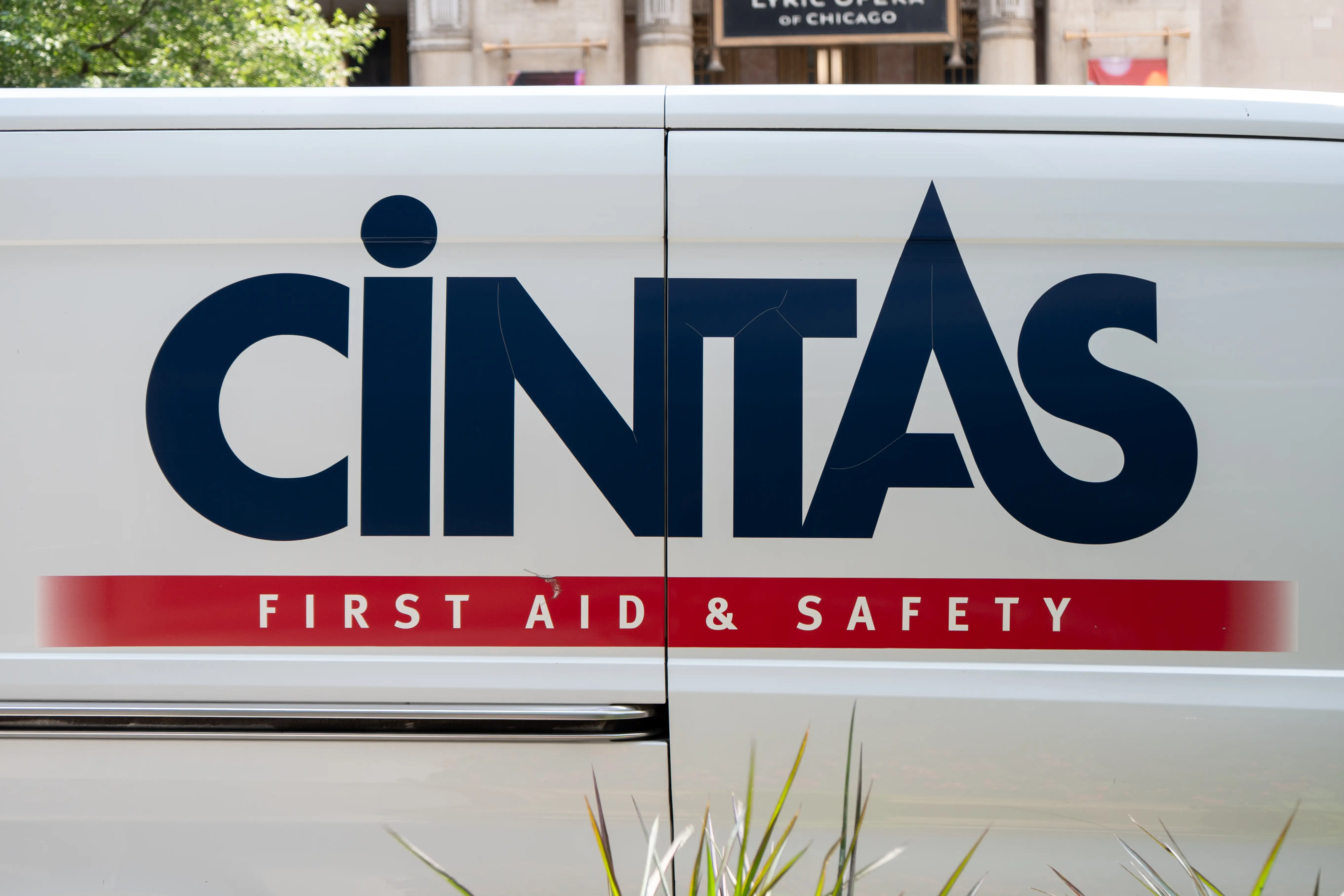 A Cintas logo sign is seen on a truck in Chicago, Illinois, United States, on July 28, 2026.