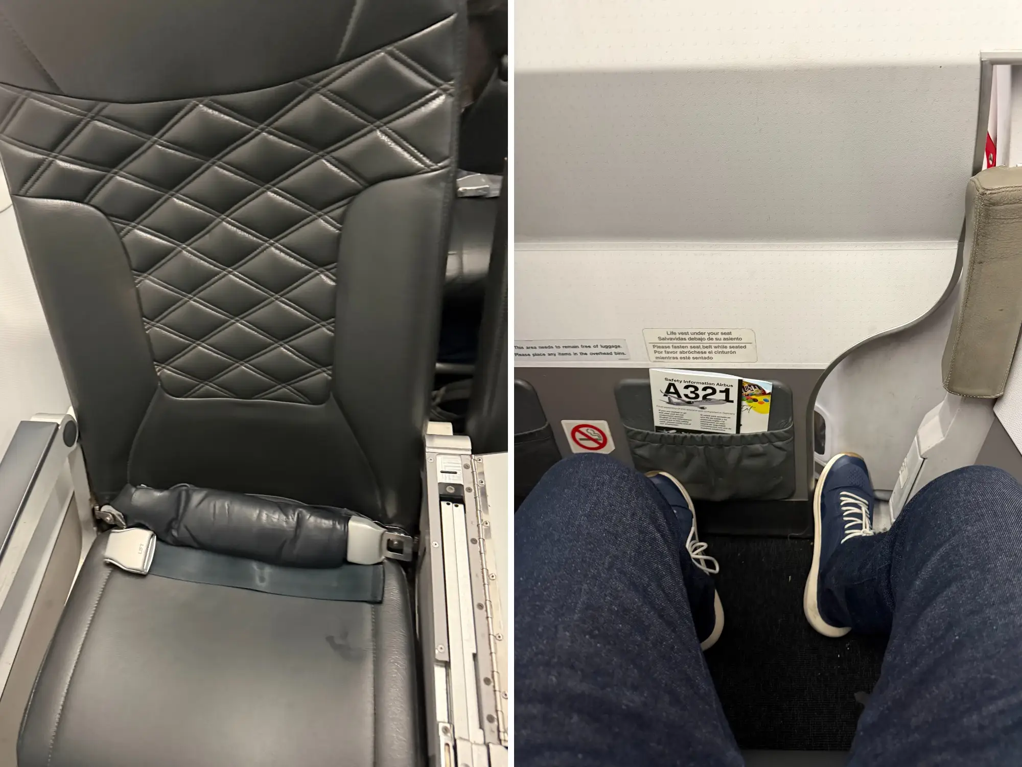Composite of leathery UpFront Plus seat next to view of legs and feet showing legroom in that seat