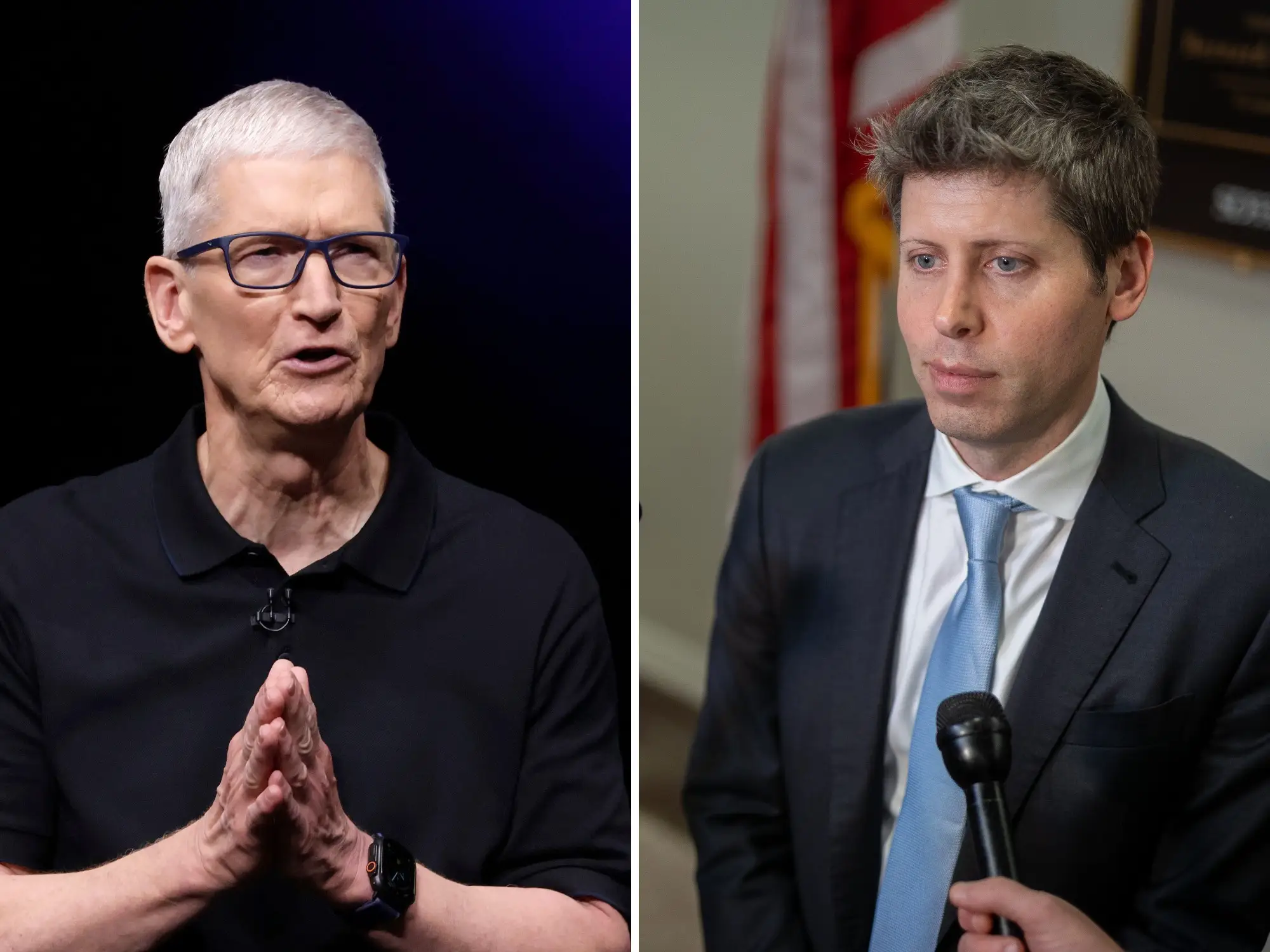 Left: Tim Cook, Apple's CEO, speaks onstage. Right: Sam Altman, OpenAI's CEO, is interviewed.