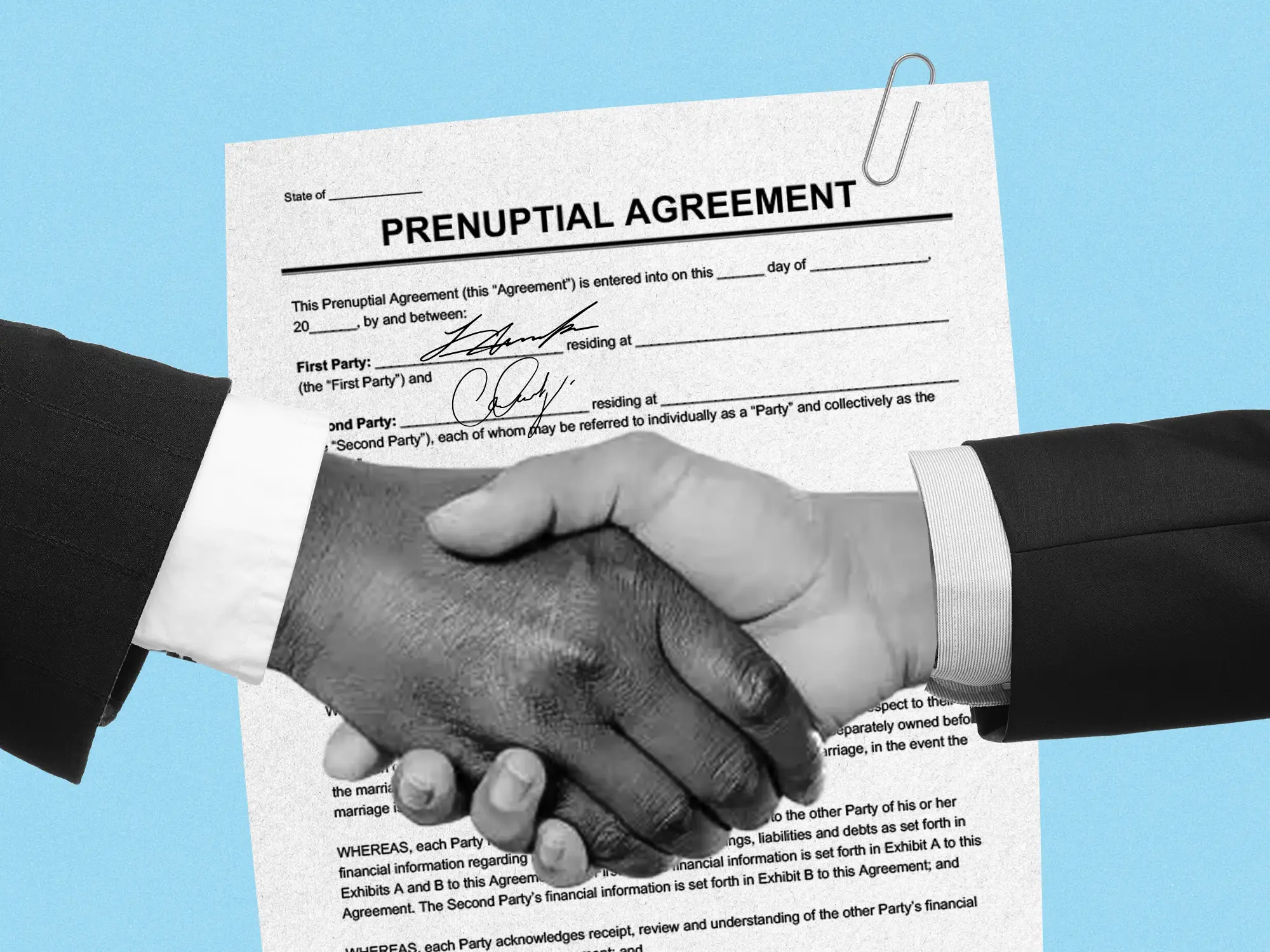 Two suited arms shake hands over a document titled PRENUPTIAL AGREEMENT.