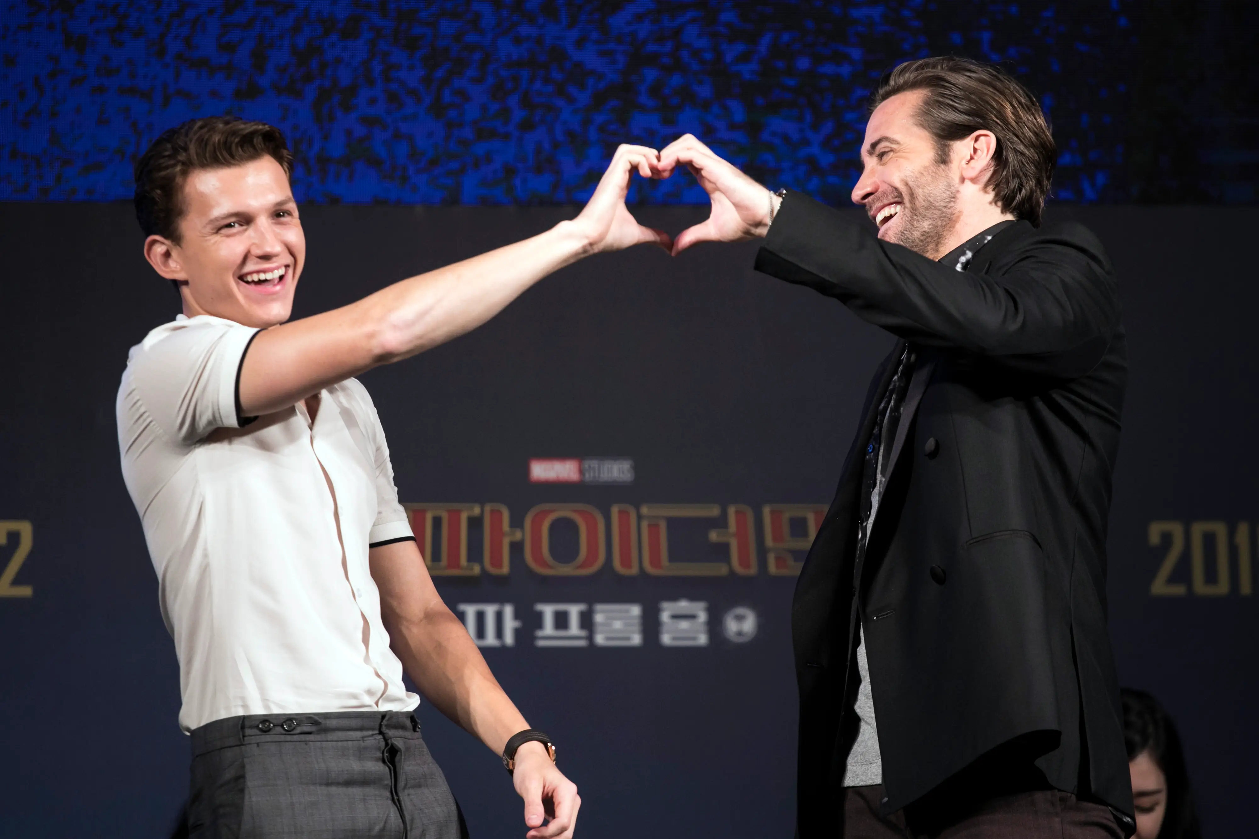 Tom Holland(L) and Jake Gyllenhaal attend 'Fan Fest'; the fan-meeting event of 'Spider-Man: Far From Home' on June 30, 2019 in Seoul, South Korea.