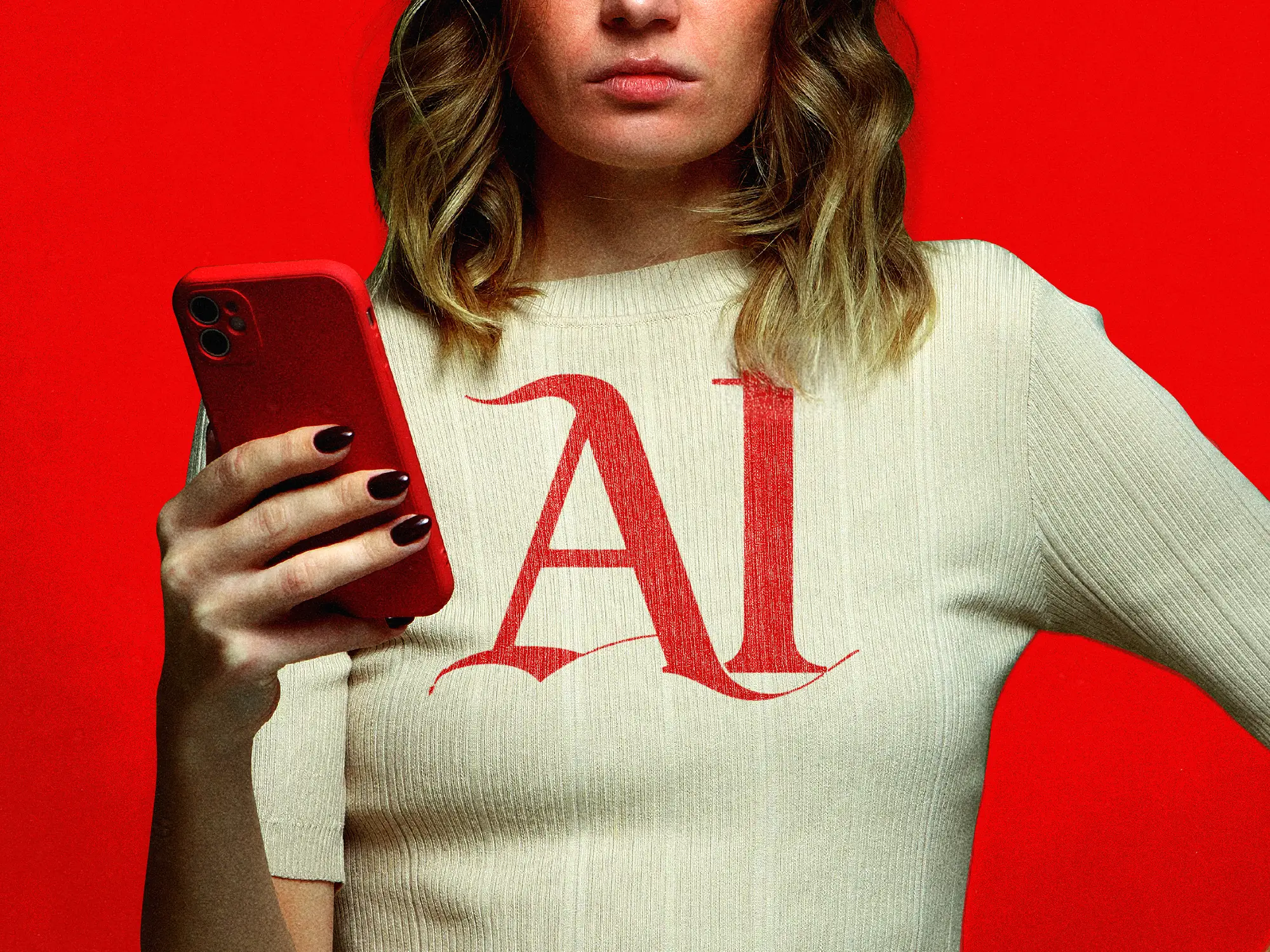 Influencer holding a smartphone wearing a cream sweater with large red 