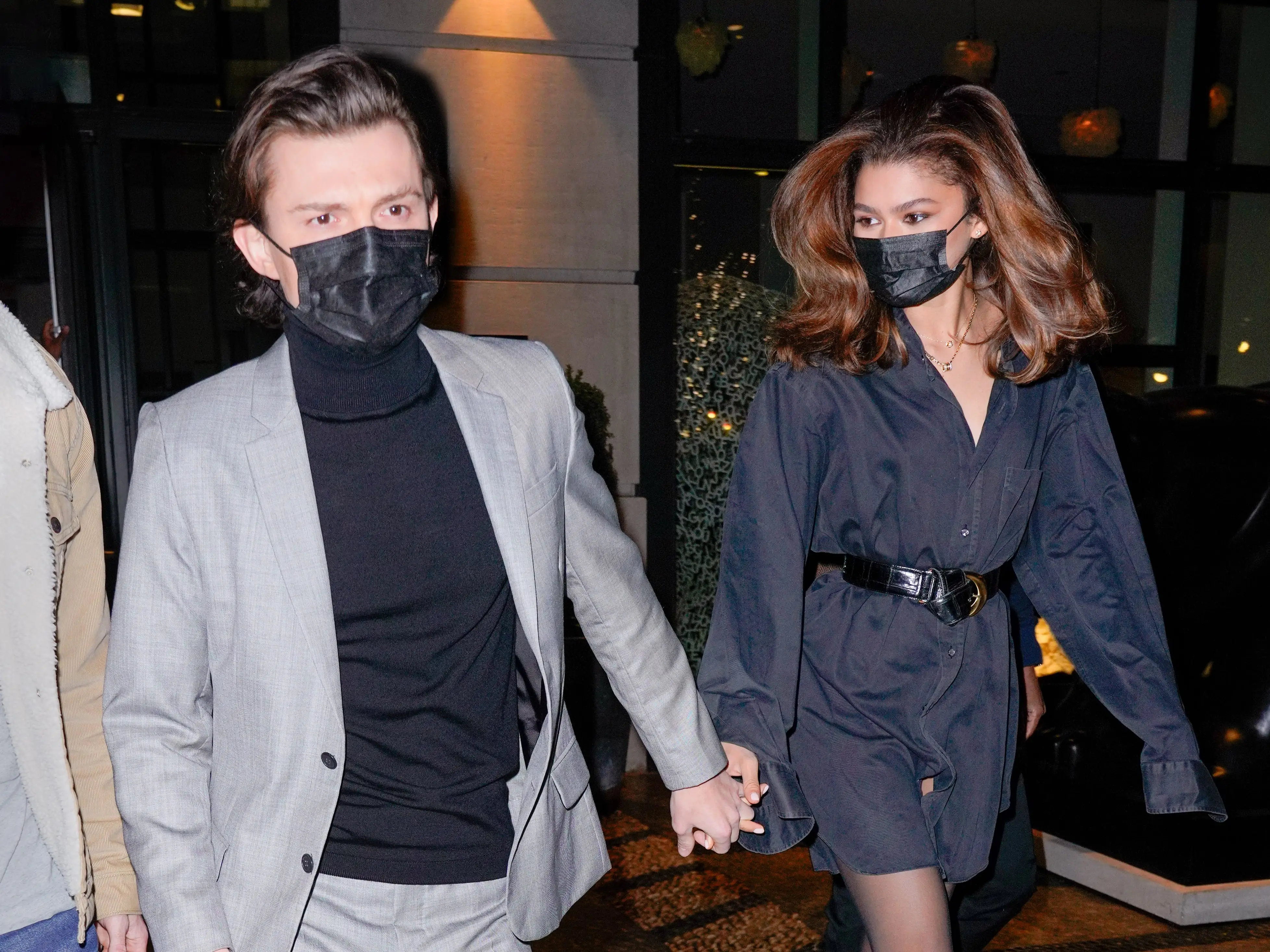Tom Holland and Zendaya are seen departing their hotel on February 16, 2022 in New York City.