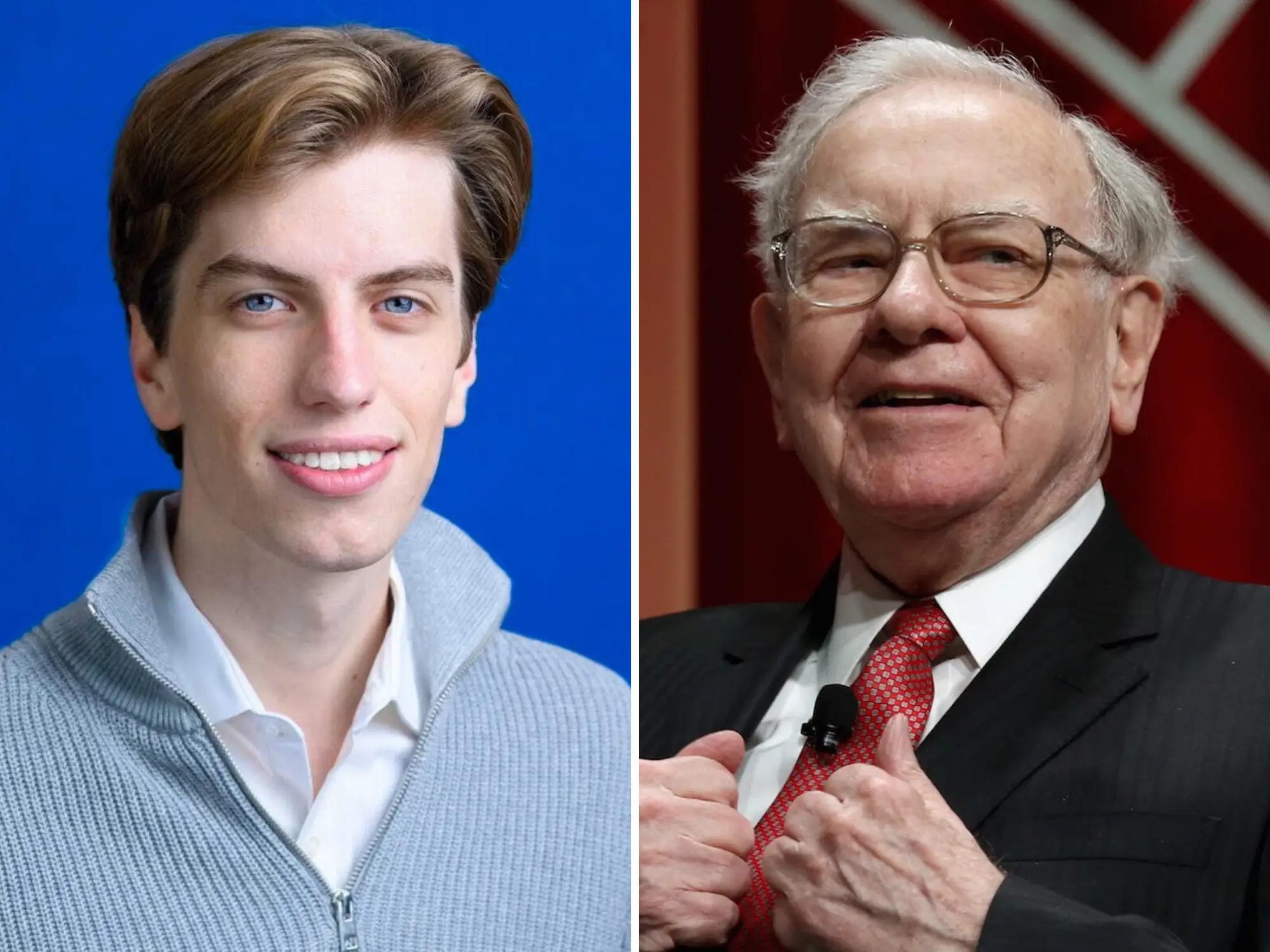 A side-by-side image of Leopold Aschenbrenner and Warren Buffett