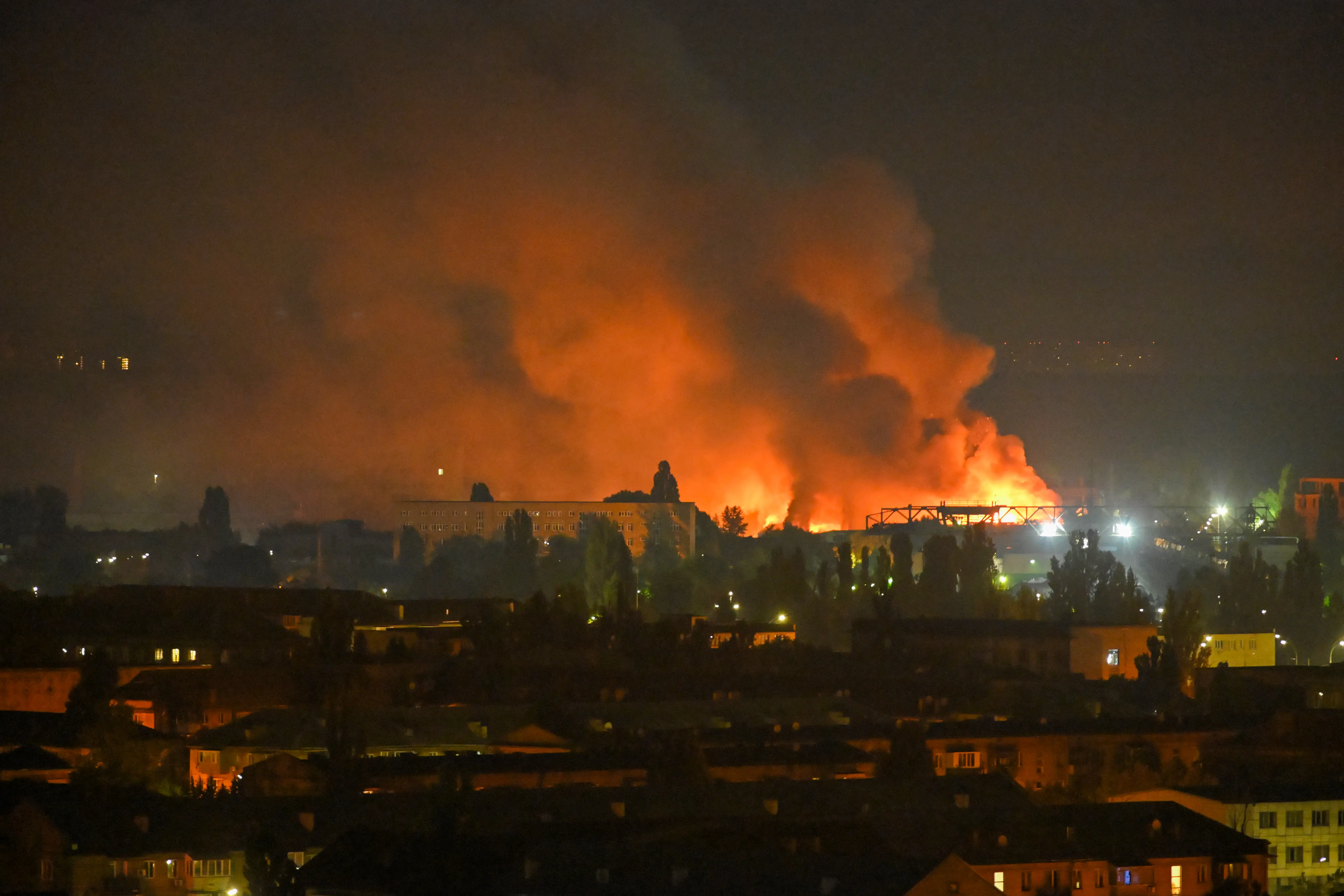 A fire breaks out following massive Russian ballistic missile strikes in the Ukrainian capital of Kyiv on August 5, 2026, amid the Russian invasion in Ukraine.