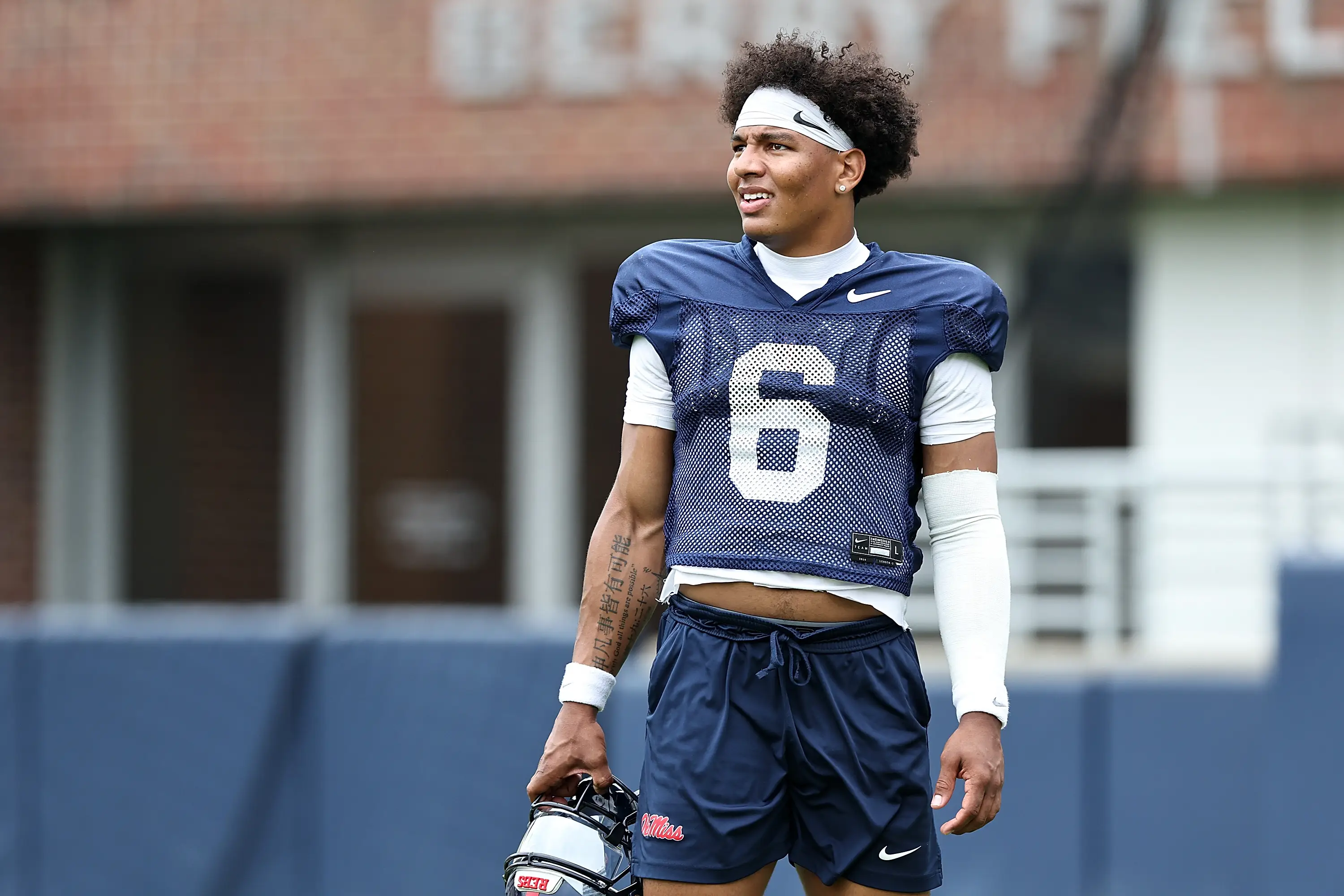 Trinidad Chambliss of the Mississippi Rebels during the 2026 Ole Miss Spring Football Practice at Vaught Hemingway Stadium.
