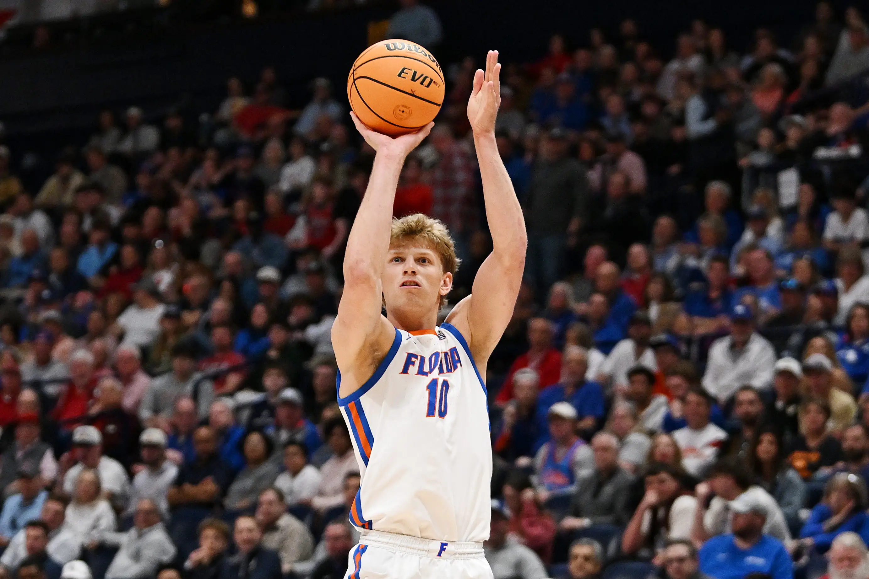 Thomas Haugh #10 of the Florida Gators shoots a three point basket against the Vanderbilt Commodores during the first half in the semifinal game of the 2026 SEC Men's Basketball Tournament.