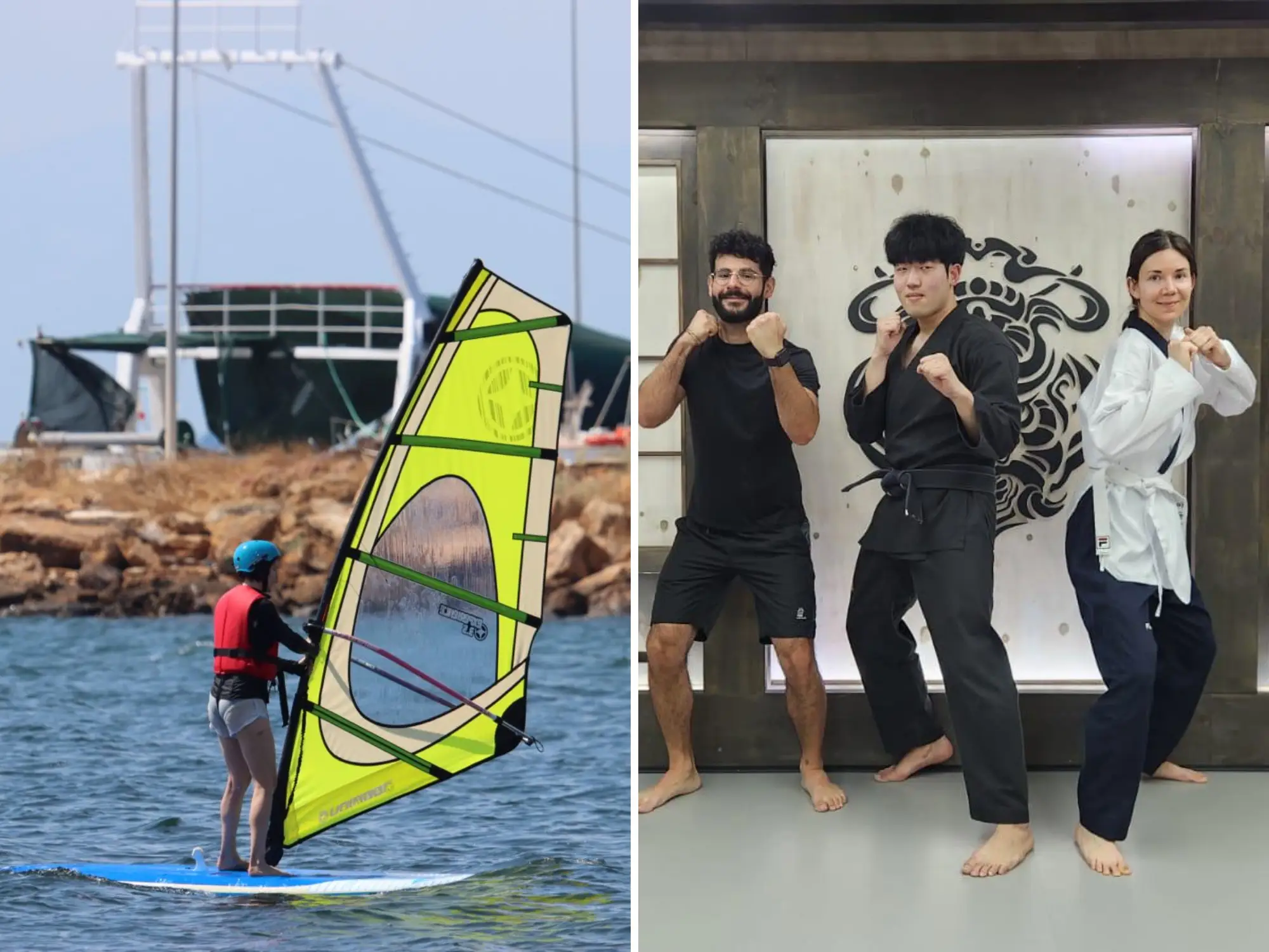 composite image, on the left the author is windsurfing, on the right the author is doing Taekwondo