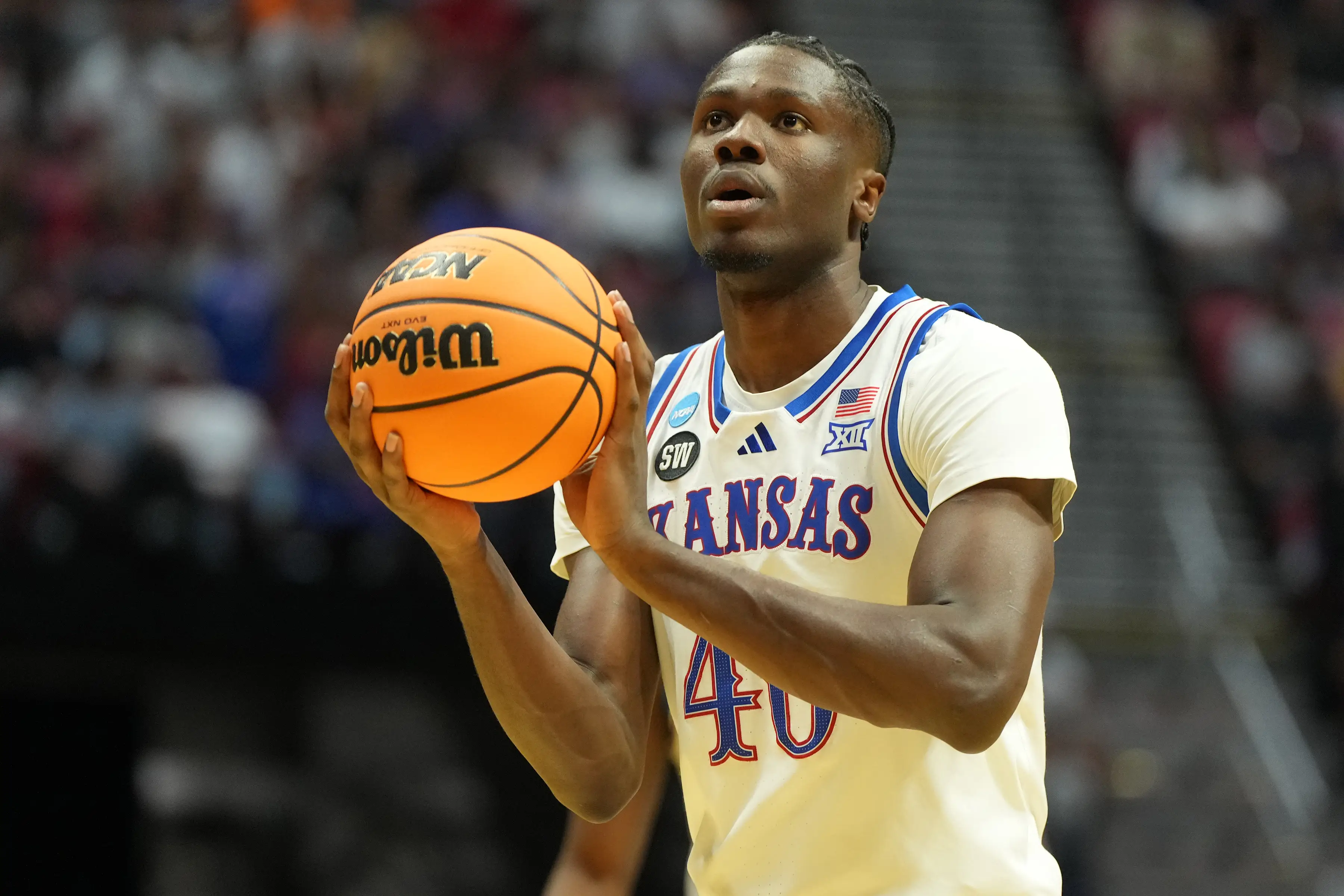 Flory Bidunga #40 of the Kansas Jayhawks takes a foul shot during the first round of the 2026 NCAA Men's Basketball Tournament game against the California Baptist Lancers.