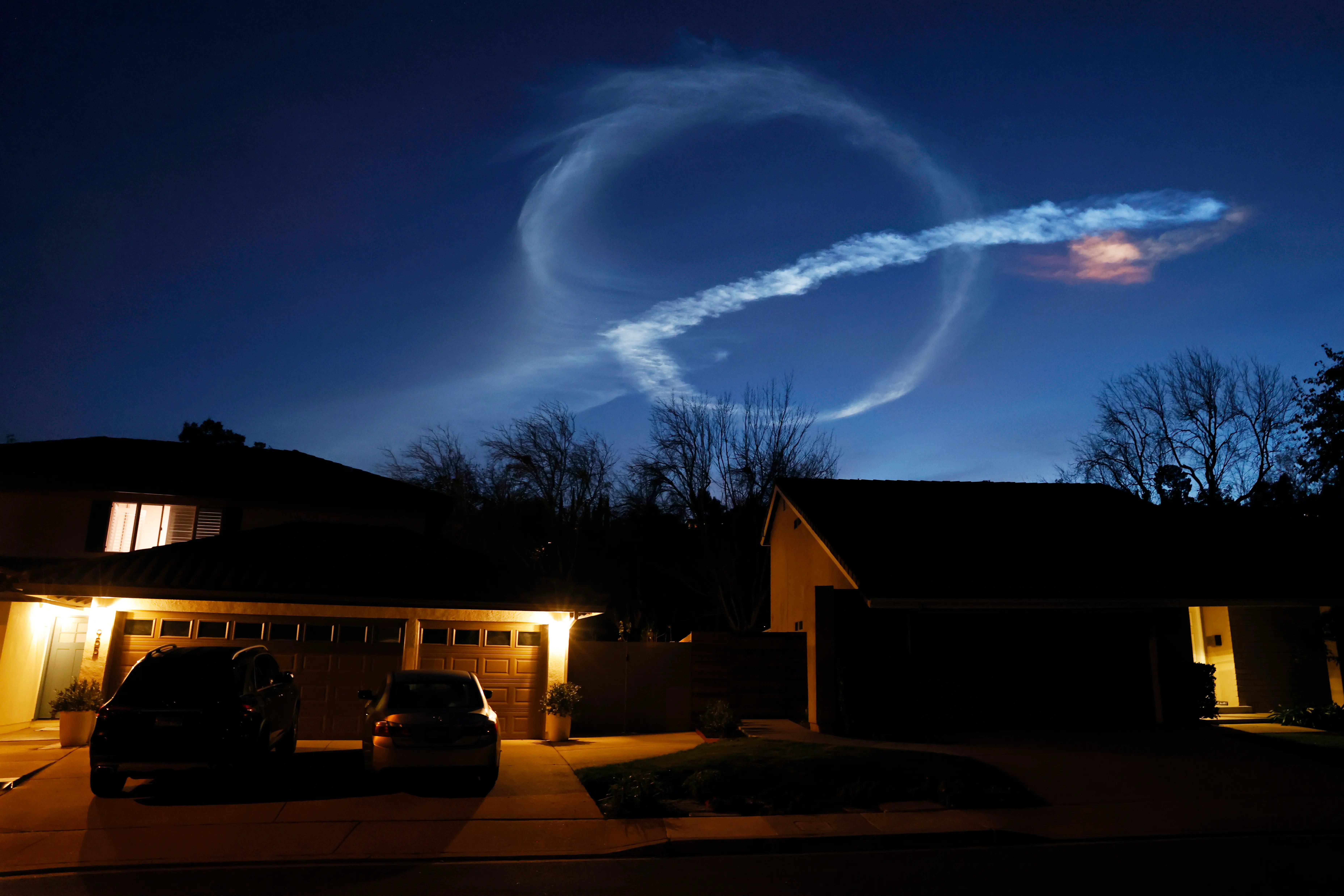 A contrail from a SpaceX Falcon 9 rocket in February.