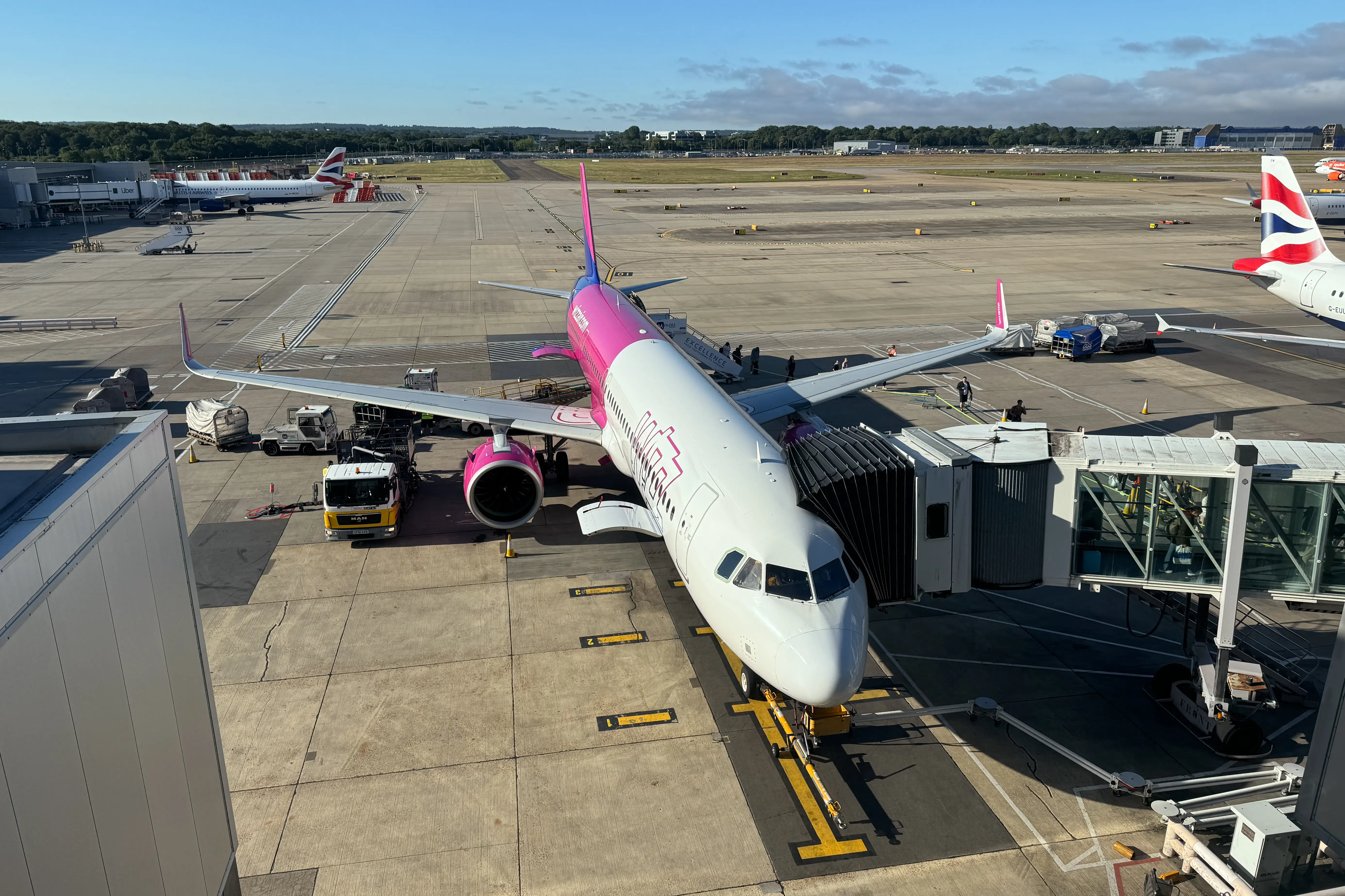 Wizz Air plane at a gate.