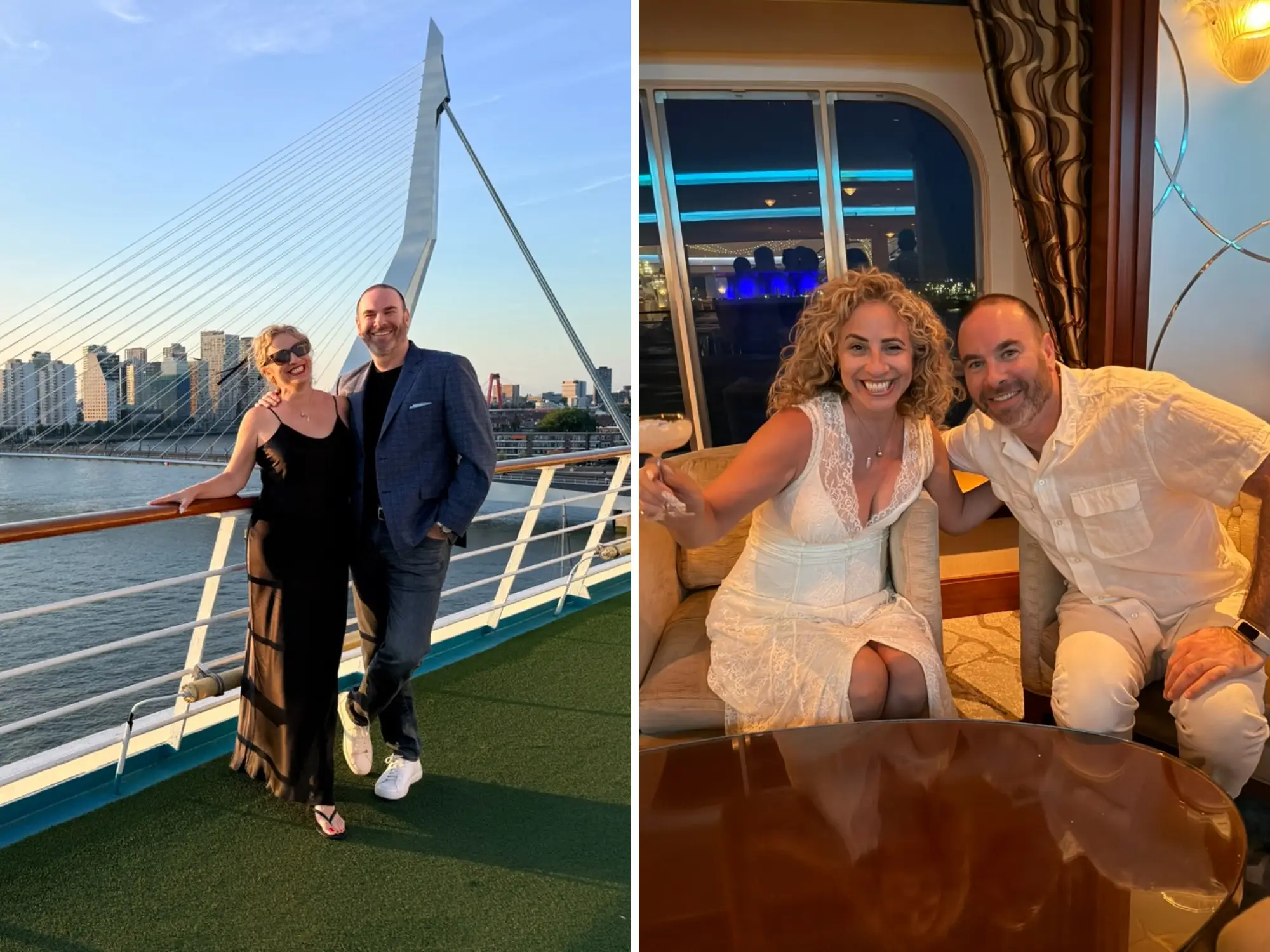 Composite image, on the left the author and her husband are on the top deck o a ship, on the right the author and her husband are sitting inside the ship at night.