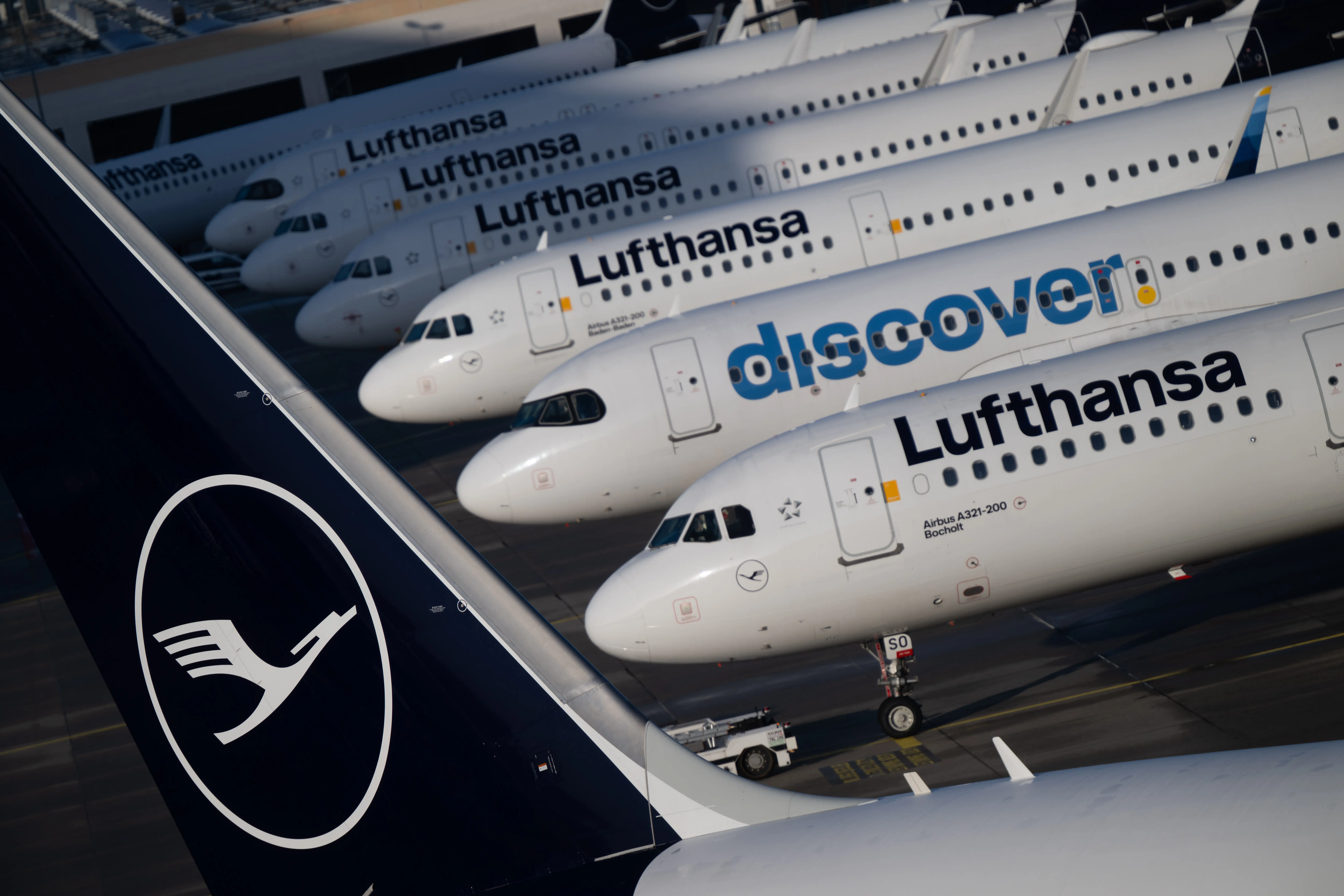 Lufthansa planes lined up.