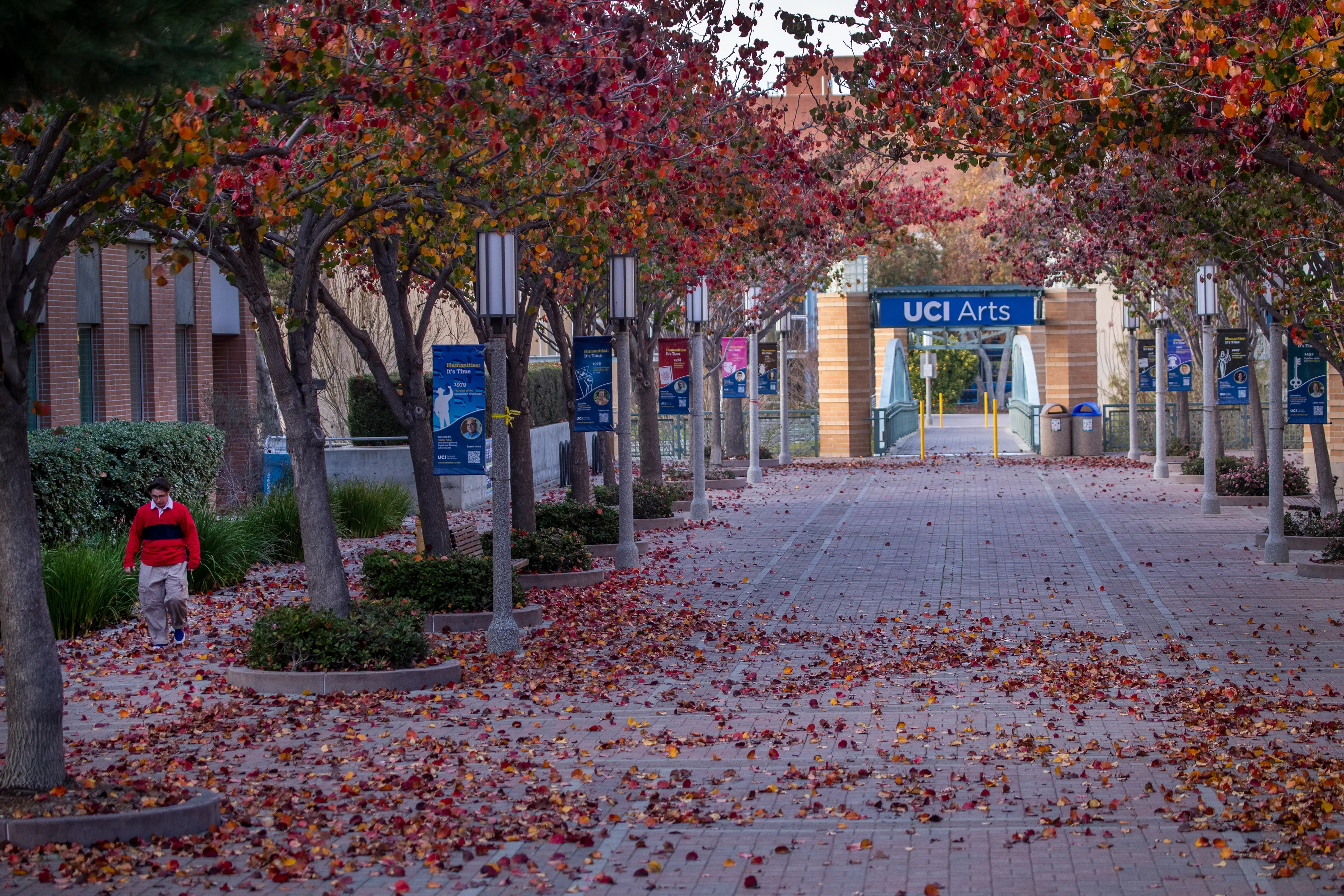 A person walks down a campus path amidst a mostly empty University of California-Irvine campus Friday, Jan. 7, 2022.