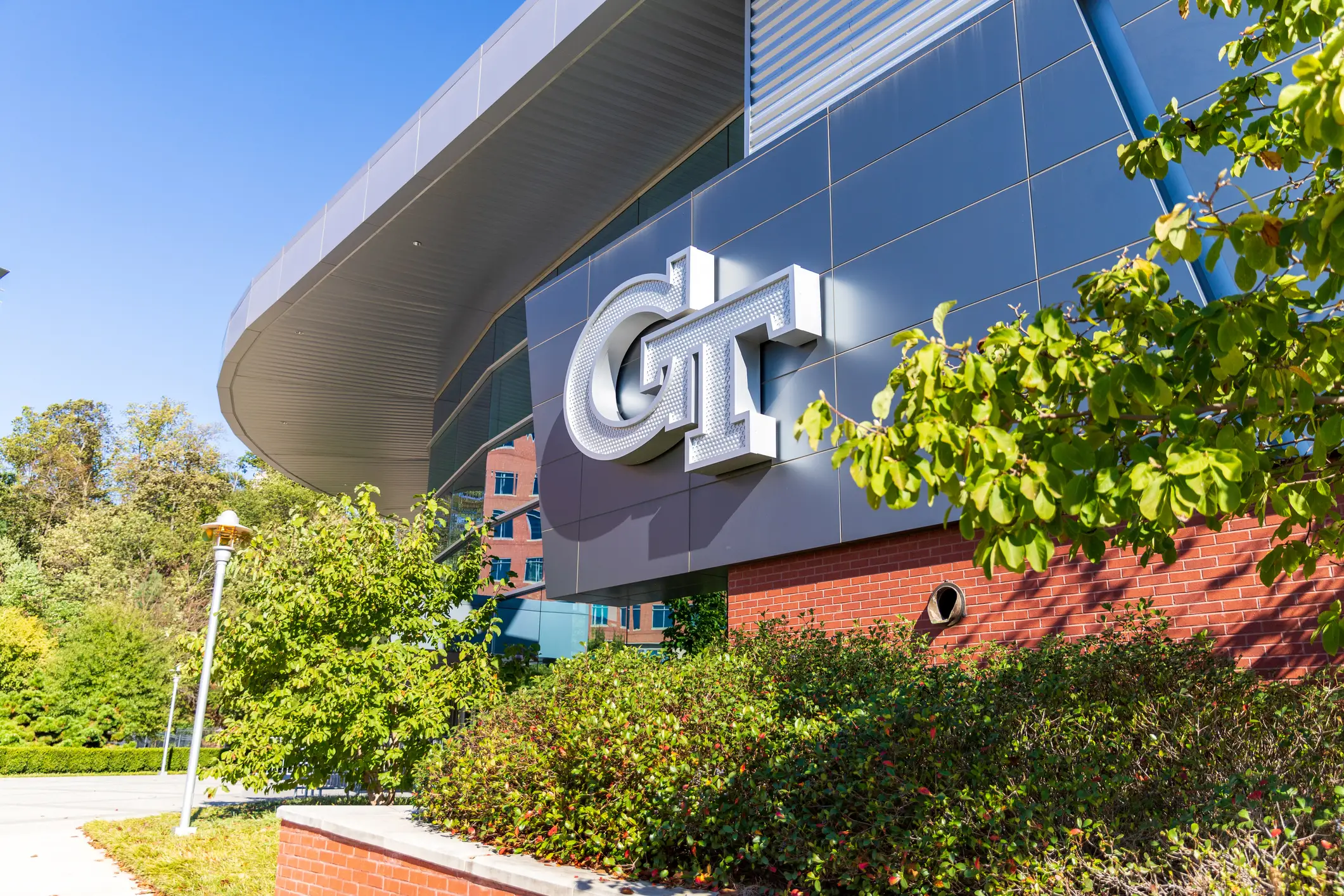 October 29 2020: Georgia Tech logo on the side of a building on campus.