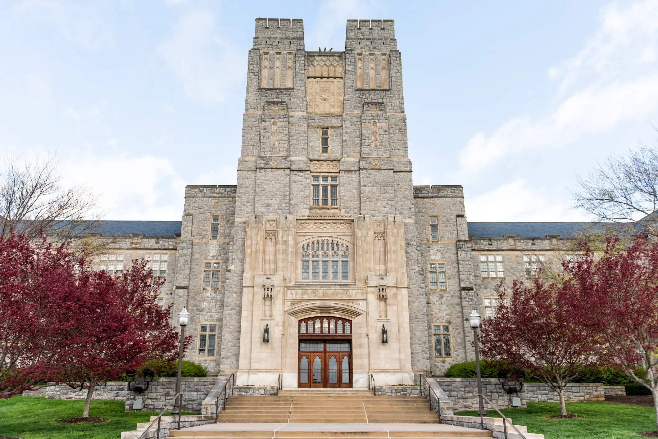 April 18, 2018: Historic Virginia Tech Polytechnic Institute and State University College campus with Burruss hall facade exterior in spring,