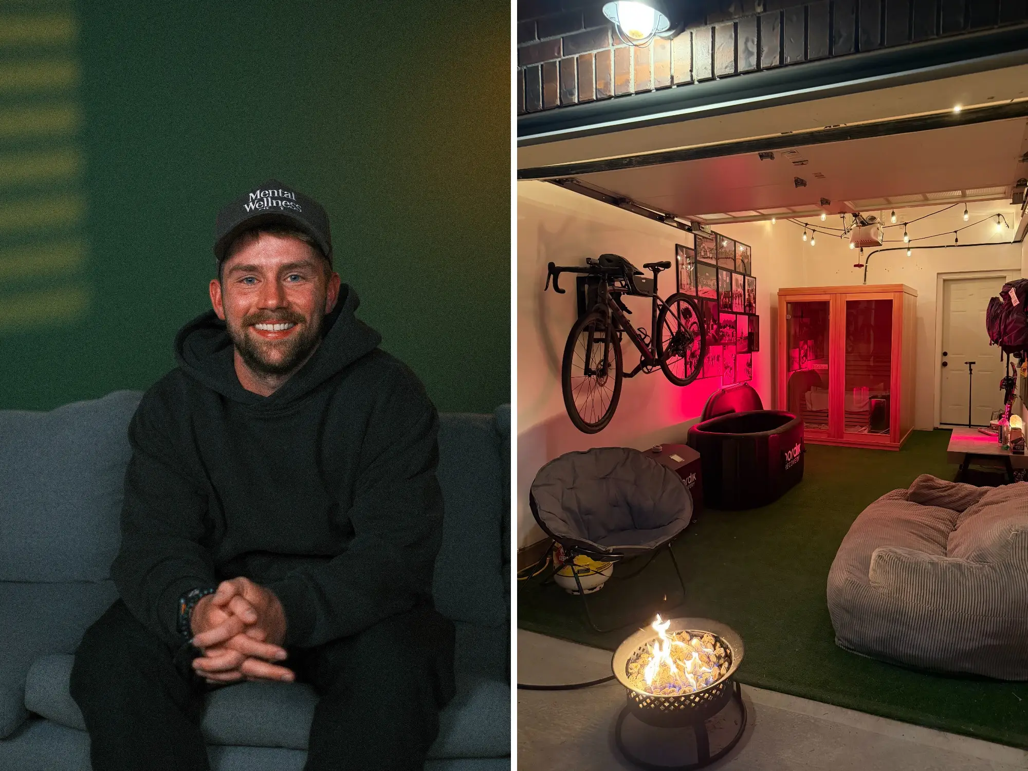 Jayden Lee is in a black Mental Wellness cap, sitting beside a garage lounge with a bicycle, sauna, fire pit, and string lights.