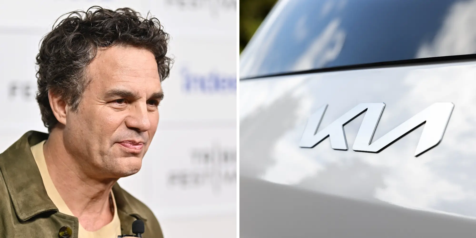 Left: Mark Ruffalo looks at cameras on a red carpet. Right: the emblem on the back of a Kia EV9.