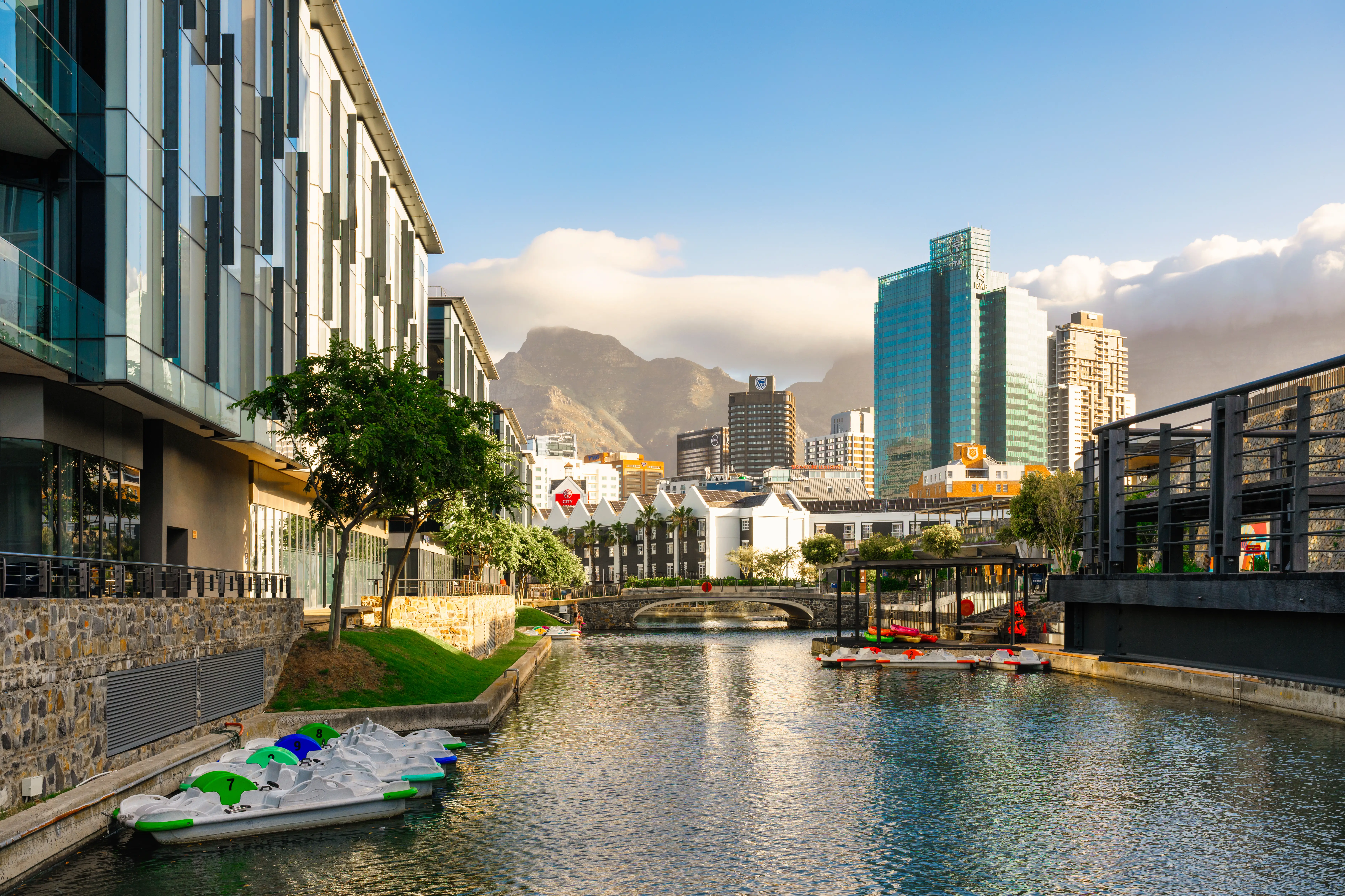 Canal lined with modern buildings and paddle boats with Table Mountain in the background.