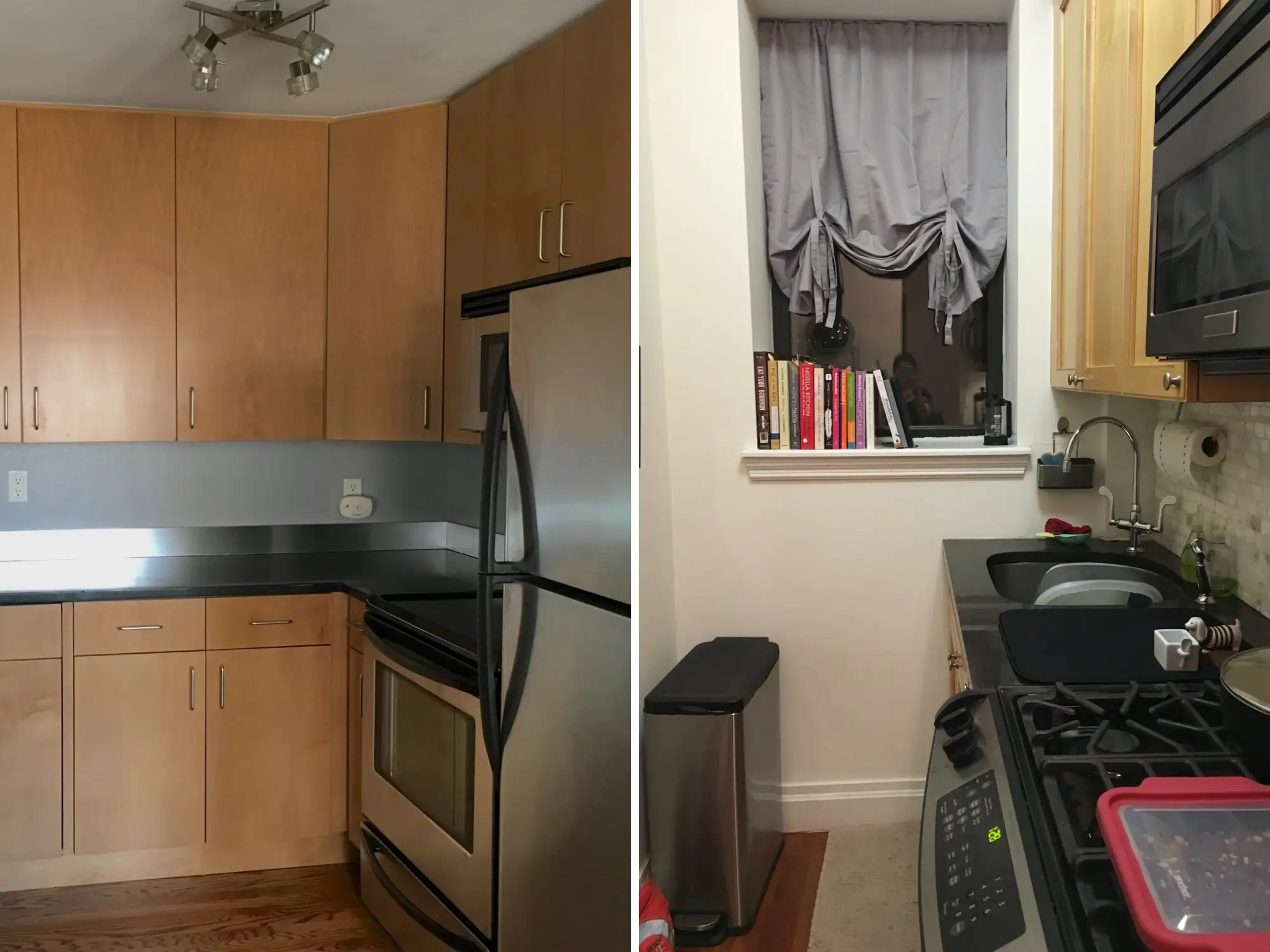 The author's kitchen in Devnver (left) and NYC (right).