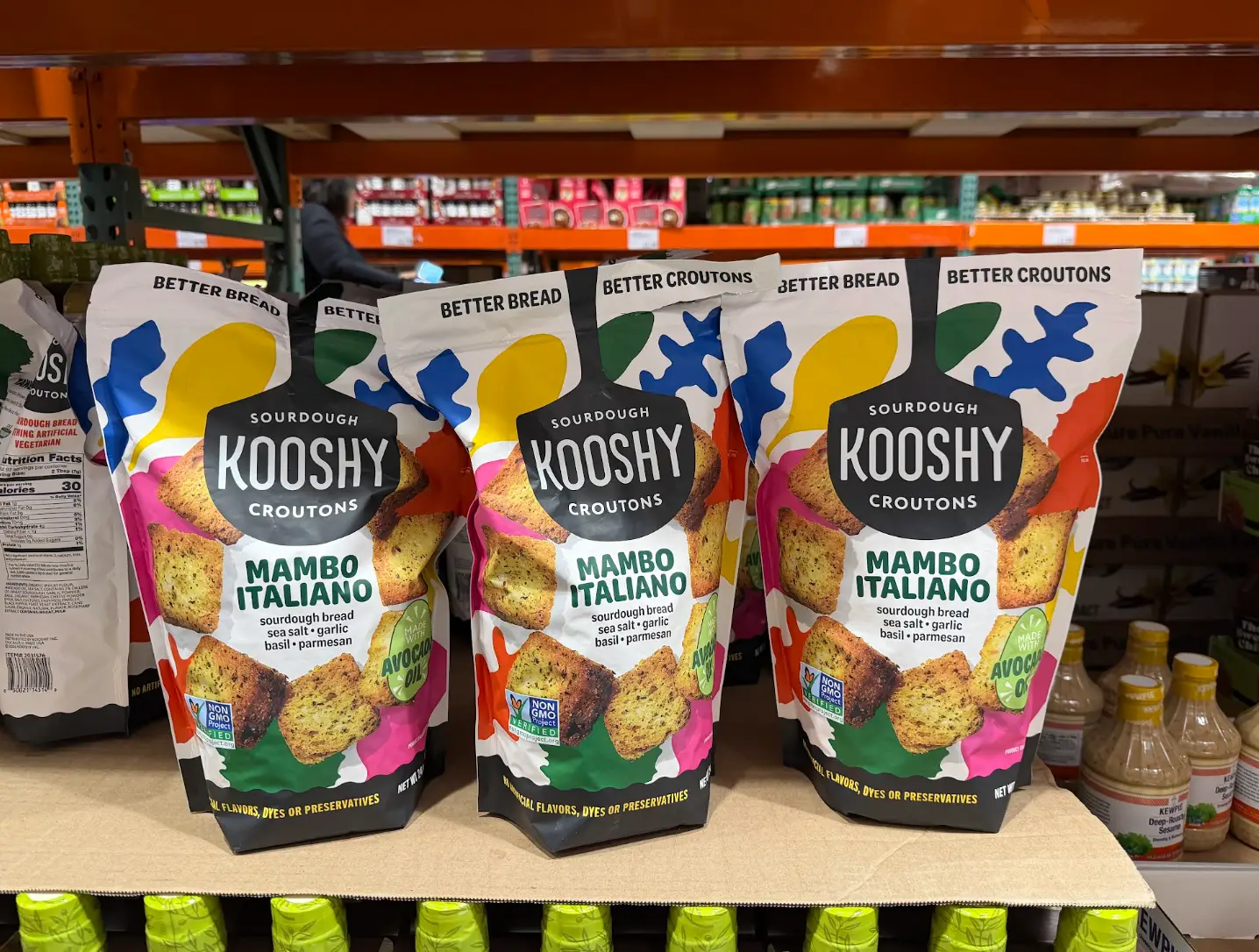 Three bags of Kooshy Mambo Italiano croutons at Costco.