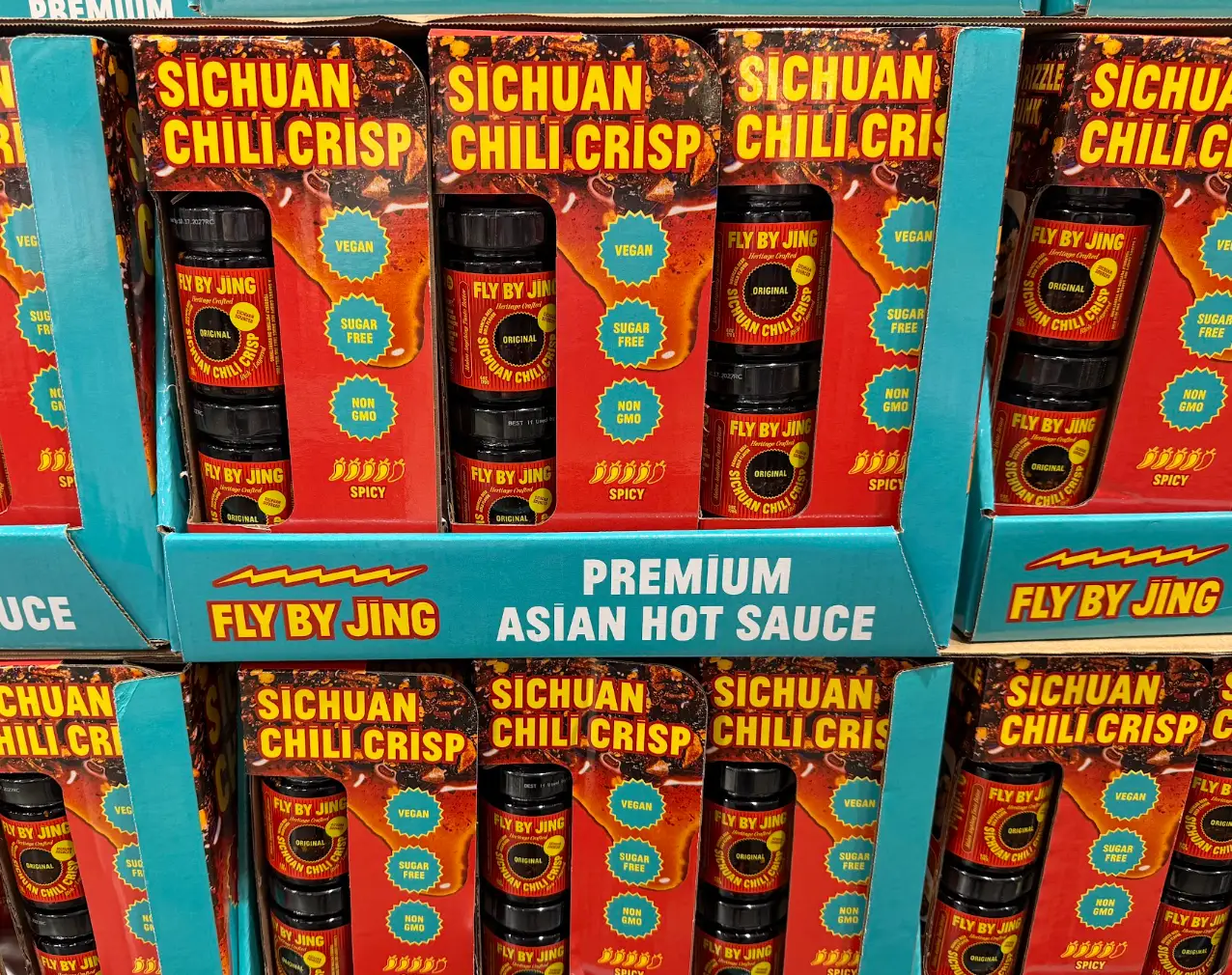 Boxes of Fly by Jing chili crisp at Costco.
