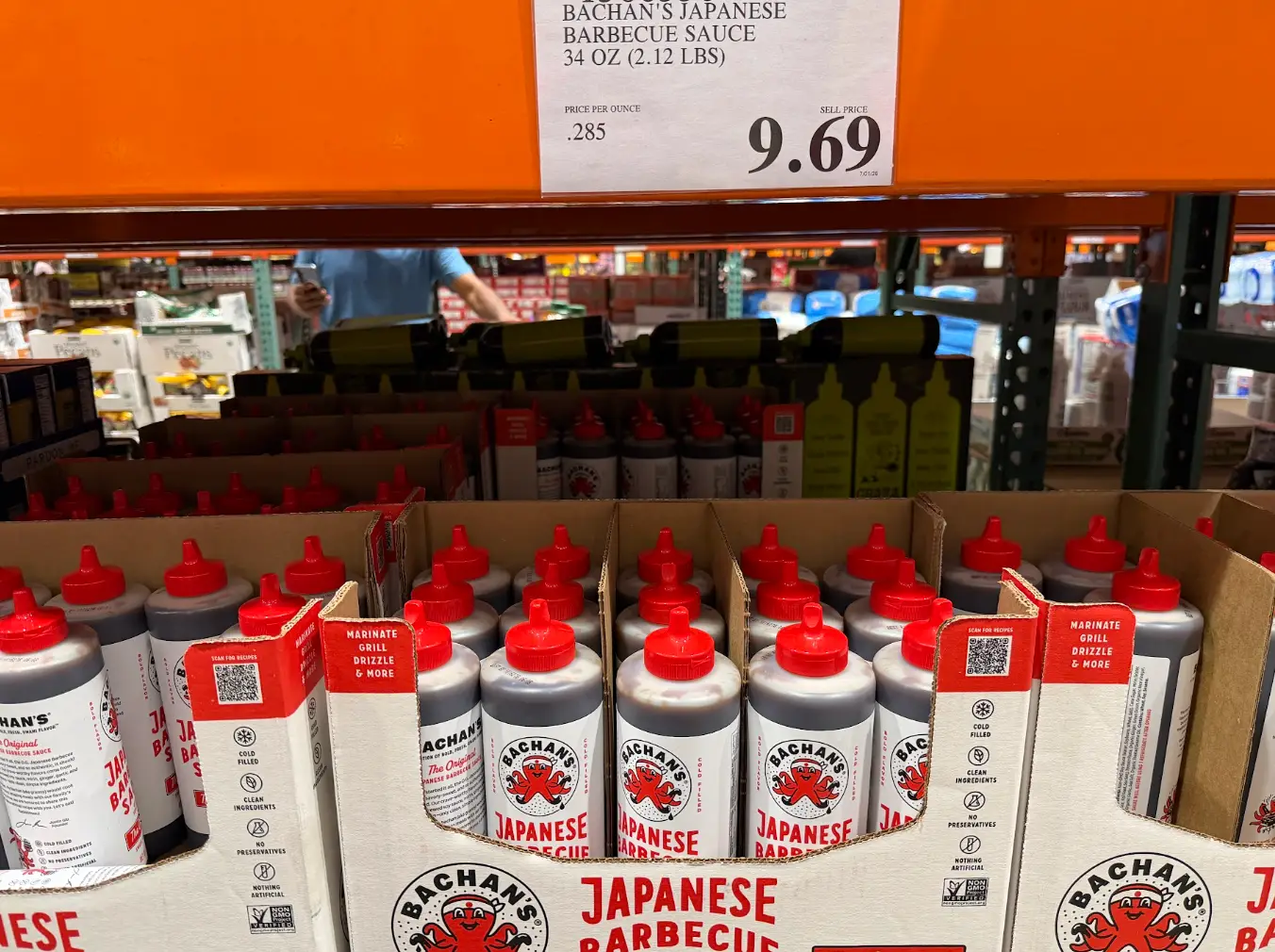Boxes of Bachan's Japanese barbecue sauce for sale at Costco.