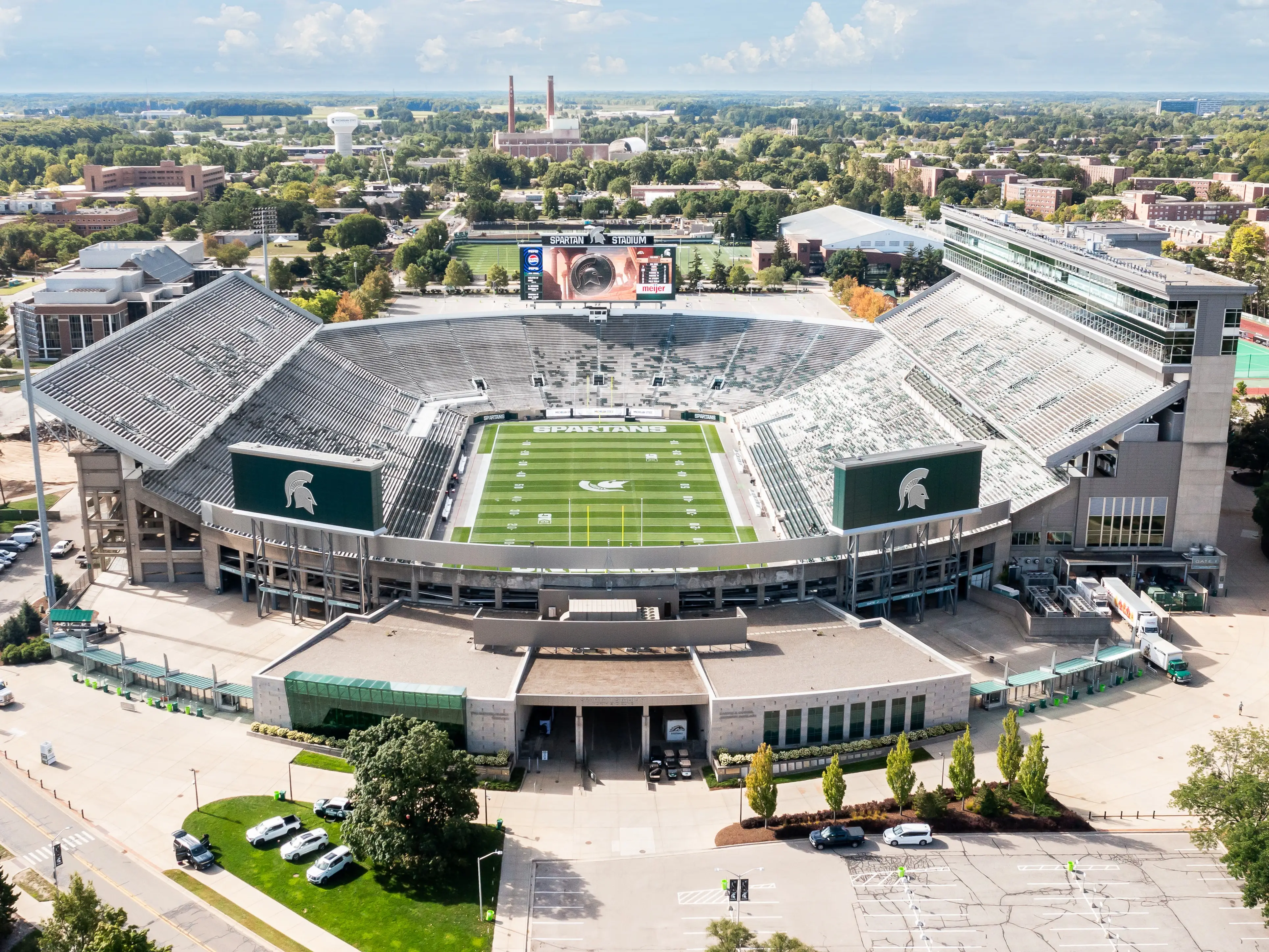 East Lansing, MI, USA - August 29, 2025: An aerial view of Spartan Stadium at Michigan State University, home to the Spartans football team that compete in the NCAA Big Ten Conference.