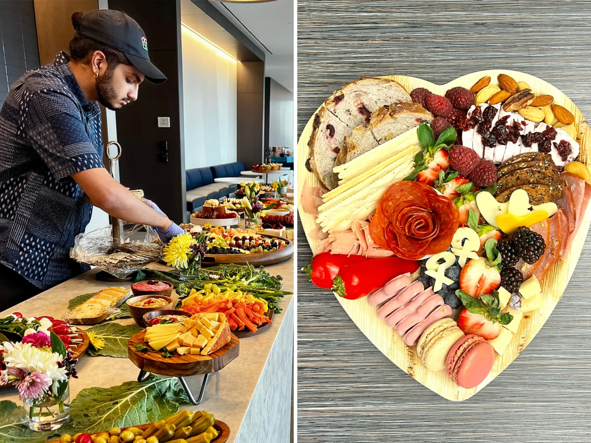 A side-by-side image of the writer assembling a charcuterie board and an image of a charcuterie board in the shape of a heart.