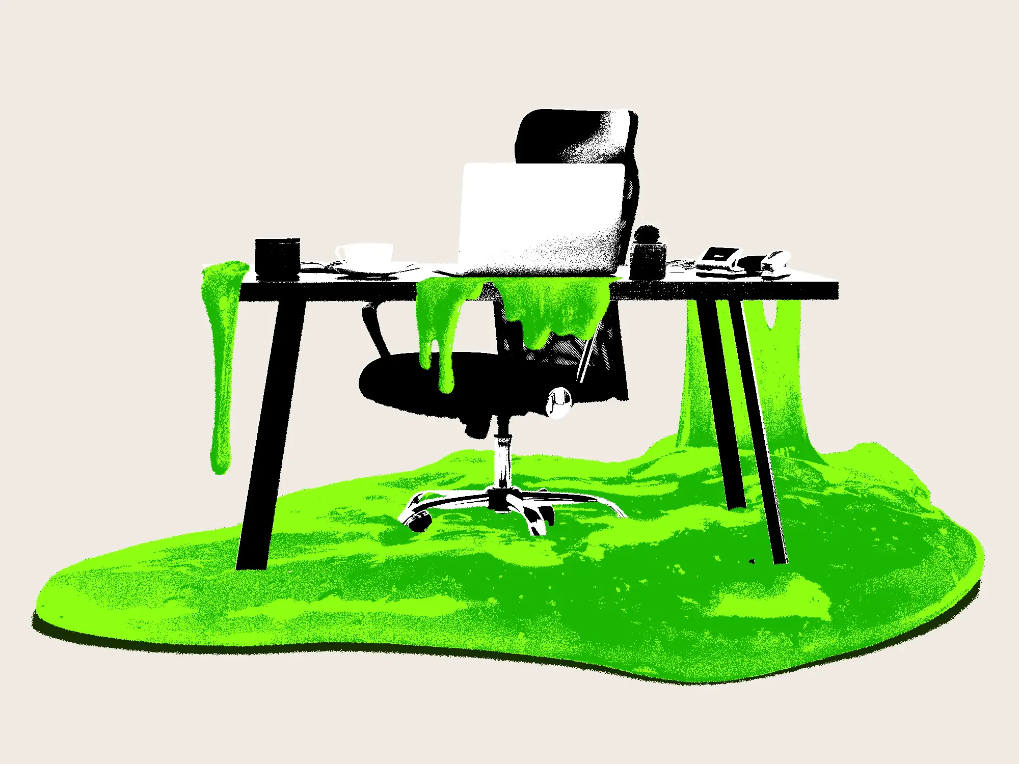 A work desk that has been covered in slime