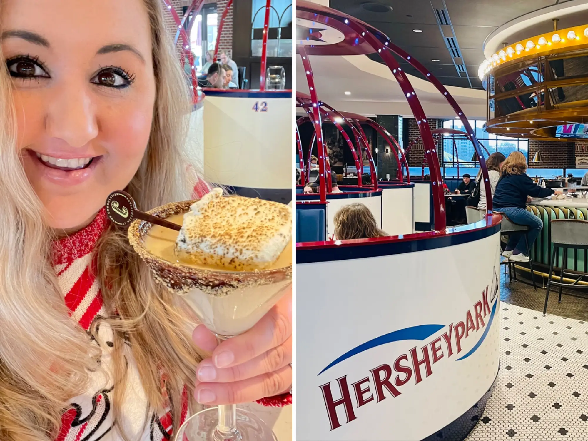 Composite of woman with marshmallow cocktail smiling next to interior of Chocolatier showing rides as tables