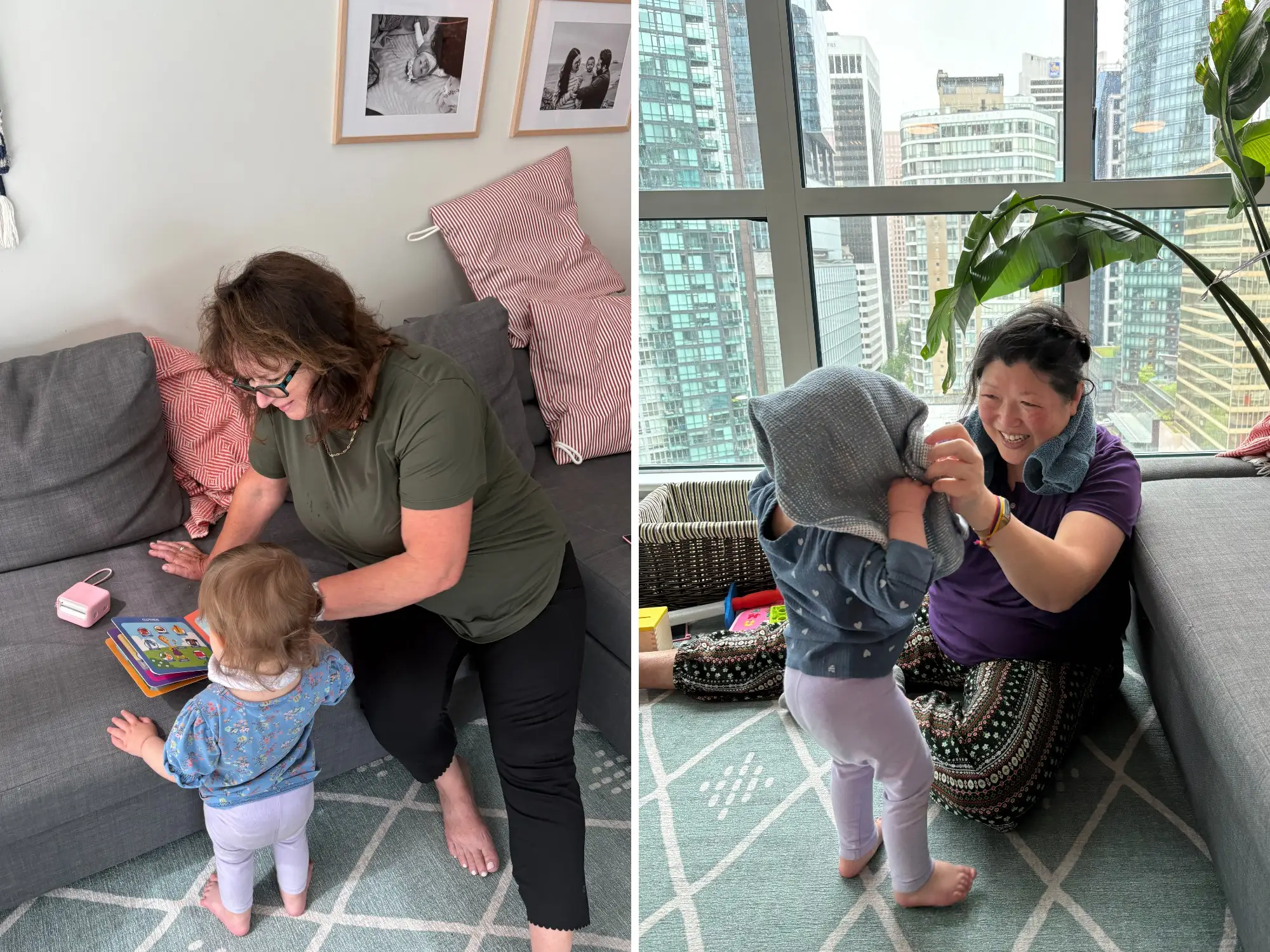 composite image, on the left the author's mother-in-law is playing with the author's daughter, and on the right, her mother is playing with her daughter