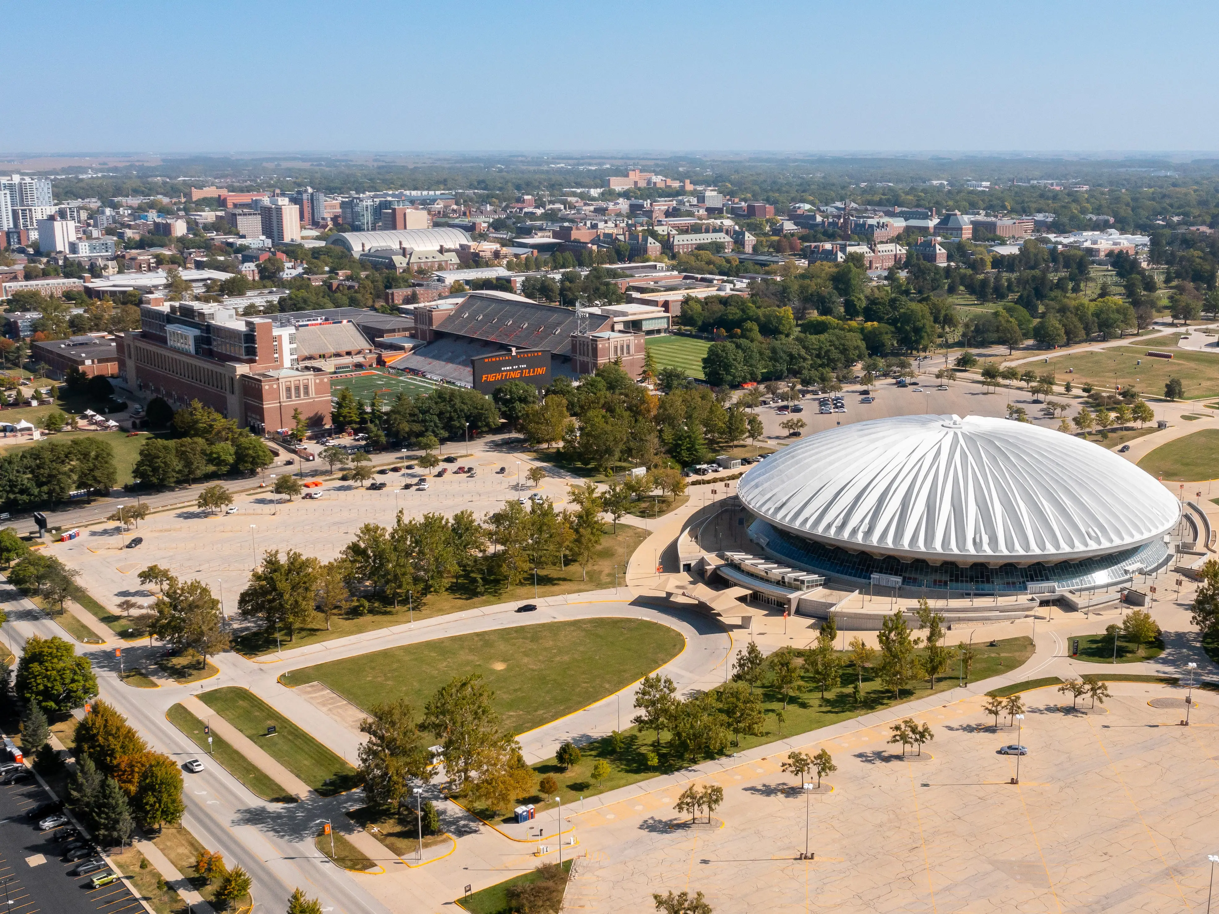 Champaign, IL, USA - September 18, 2024: An aerial view of The Memorial Stadium and State Farm Center at the University of Illinois for the Fighting Illini sports teams and events.